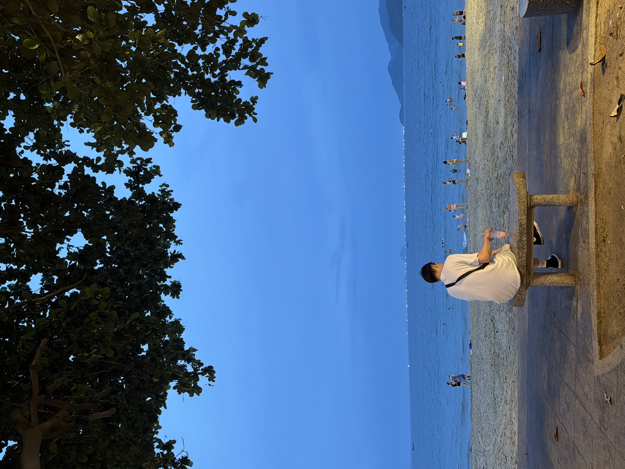 A man sits on a concrete bench facing a beach in Nha Trang, Vietnam, with the ocean and a distant coastline visible. The sky is a deep blue, indicating dusk. In the foreground, the man is seen from behind, wearing a white t-shirt, black shorts, and black sneakers. He holds a pink cup in his right hand. The bench is made of concrete and stone. Behind him, the sandy beach is populated with people swimming, sunbathing, and walking. The ocean is calm, with small waves. Distant lights twinkle along the coastline and on boats. Lush green tree branches frame the top of the image.