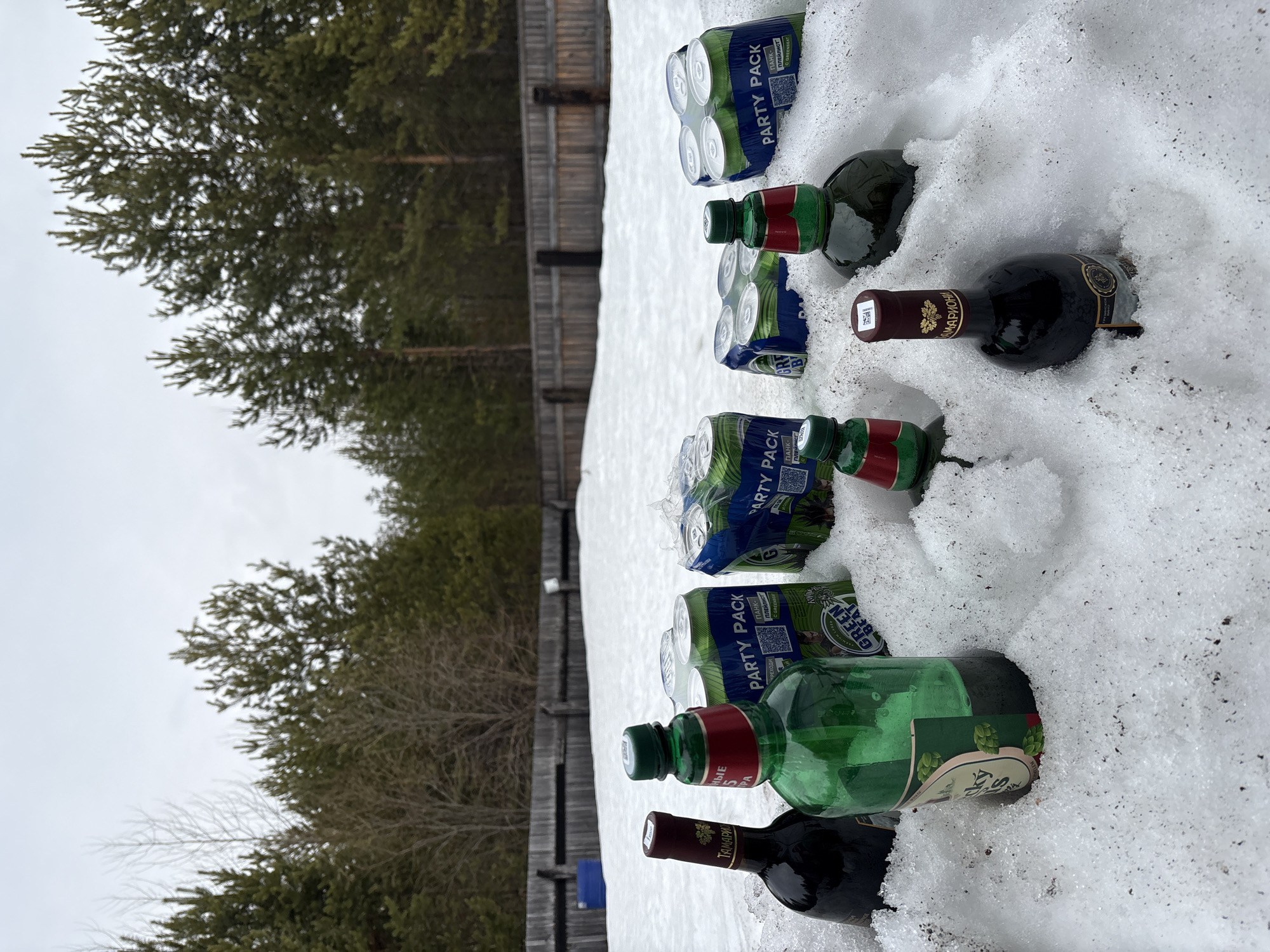 This media file captures an outdoor scene featuring an assortment of alcoholic beverages chilling in the snow. The primary subjects are several "PARTY PACKs" of green beer cans, along with multiple green glass bottles (likely liquor or beer) and dark red wine bottles, all nestled into the snow. The setting is a snowy environment, with snow covering the ground.
In the background, a wooden fence runs horizontally, separating the snowy foreground from a line of evergreen trees, possibly pines, and some bare deciduous trees under an overcast sky. The overall impression is one of a cold, perhaps winter or early spring, day.
No people are visible, but the arrangement of the beverages suggests preparations for a gathering or a simple method of keeping drinks cold outdoors.
Visible text on the beer cans includes "PARTY PACK," "ПАНК- ПЛЕЙЛИСТ" (Punk Playlist), and "GREENBEAT." One green bottle displays partial text "НЫЕ" and "PA." On the wine bottles, labels feature text such as "ТАМАРИЙ" (Tamary) and "АМАРИОНИ" (Amarioni), along with a small white sticker containing "258." The Cyrillic text visible on the labels supports the location context of Zheleznodorozhnyi, Russia.