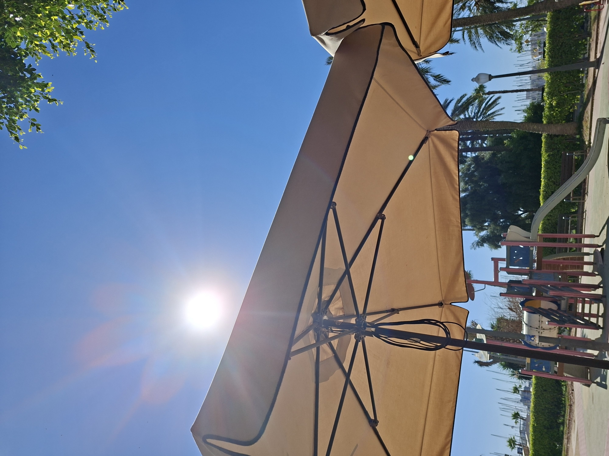 This image depicts a sunny day at a playground adjacent to a marina, likely in Alicante, Spain, given the abundance of palm trees and sailboats. In the foreground, large beige umbrellas provide shade, obscuring the upper portions of a colorful playground structure. The playground includes slides, climbing structures, and what appears to be a tunnel. Beyond the playground, a manicured green hedge separates the park area from the marina, where numerous sailboats are docked. Tall palm trees and other vegetation are scattered throughout the scene, against a clear blue sky with a bright sun causing lens flare. The ground is paved with a reddish-brown material. There are no people visible in the image.