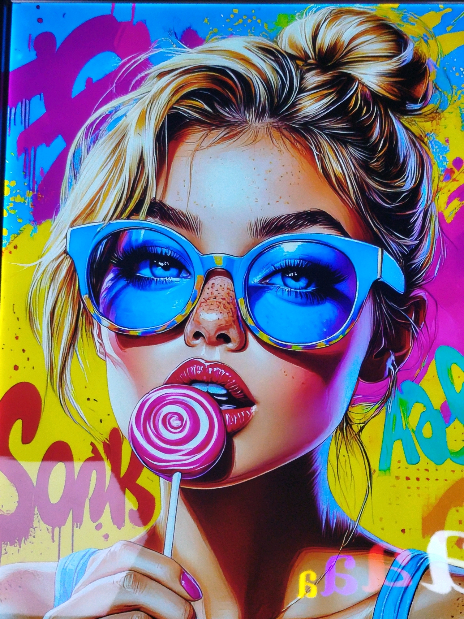 The image is a vibrant, stylized portrait of a young woman wearing large blue sunglasses and holding a pink and white swirl lollipop to her lips. Her hair is styled in a messy bun with blonde and brown streaks. The background is a riot of bright, abstract colors and graffiti-style lettering in shades of yellow, blue, magenta, and red. There are no discernible landmarks or features that would allow for identification of a specific location in Tashkent, Uzbekistan. The image appears to be a piece of digital art or a photograph of such art.