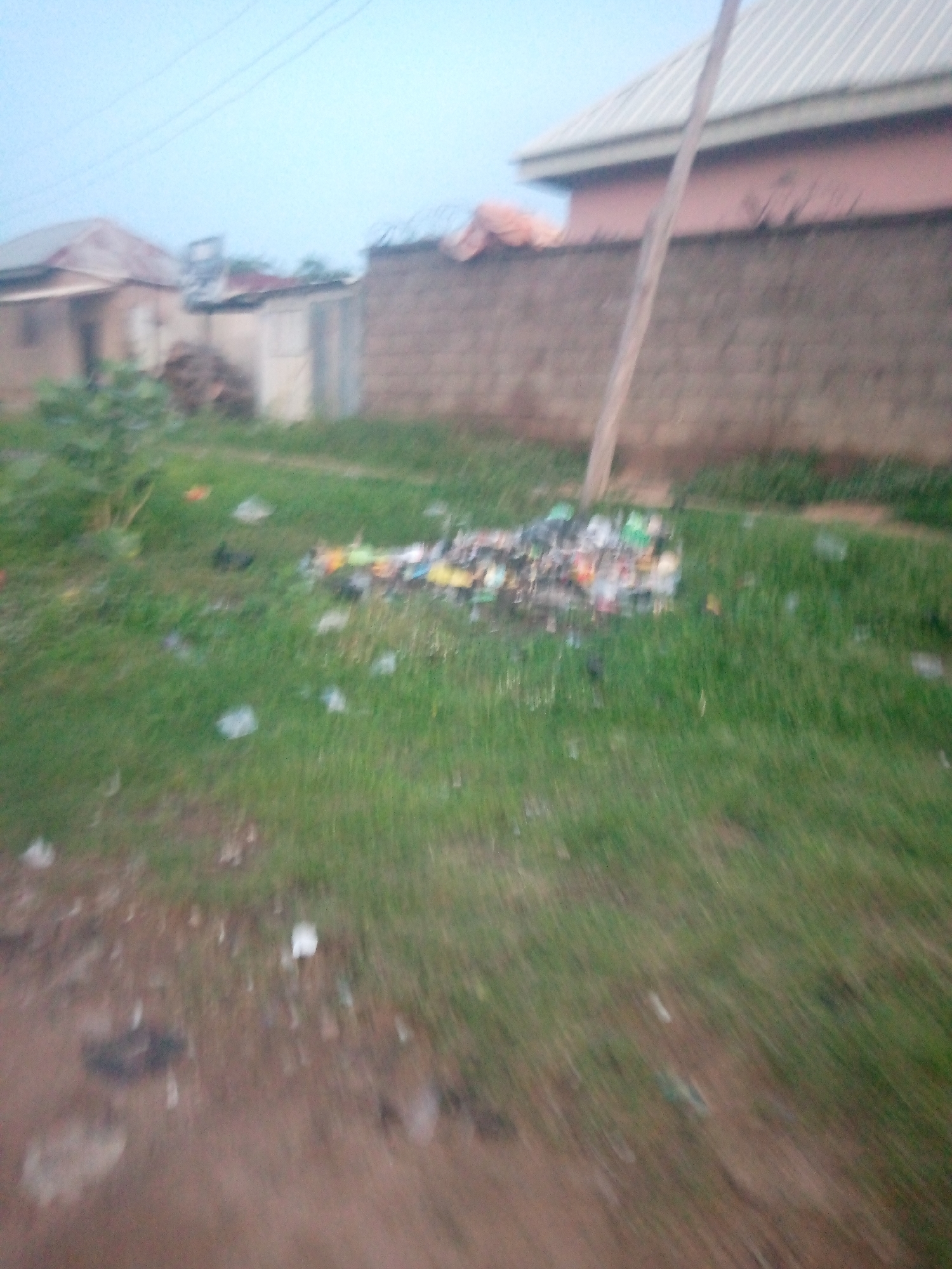 In the city of Jauro Yinu, Nigeria, the image captures an outdoor scene with a focus on a patch of ground covered in grass and scattered debris. Several pieces of trash, including plastic bags and wrappers, are visible, some collected in a heap and others spread individually across the lawn. In the background, structures that appear to be houses are present, constructed with brick walls and metal roofs. A wooden pole stands vertically in the mid-ground. The sky above is overcast, suggesting a subdued lighting condition. The overall impression is that of an undeveloped or neglected area within the city.