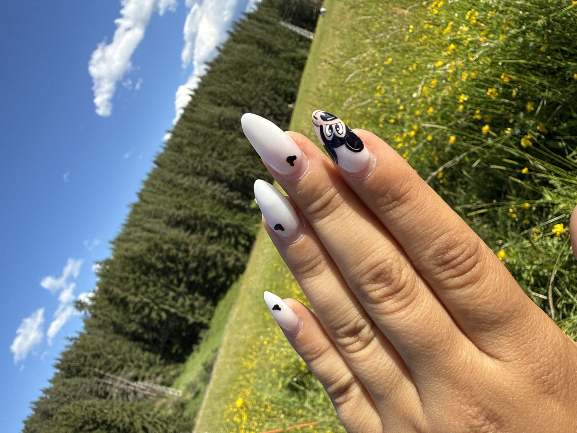 A close-up shot captures a person's hand with intricately designed fingernails in the foreground, set against a blurred backdrop of a mountain meadow in Yundola, Bulgaria. The nails are long and pointed, painted in a matte white finish. Several nails feature small, black heart decals. One nail, at the forefront, is adorned with a detailed black and white image of Mickey Mouse's face, complete with his signature ears and eyes. The hand is illuminated by bright sunlight, casting subtle shadows on the skin.
The background depicts a vibrant green meadow dotted with yellow wildflowers, indicative of a summer bloom. Beyond the meadow, a dense forest of evergreen trees covers the slope of a mountain. The sky above is a clear, bright blue with scattered white, fluffy clouds. The overall scene conveys a sense of natural beauty and a touch of playful artistry.