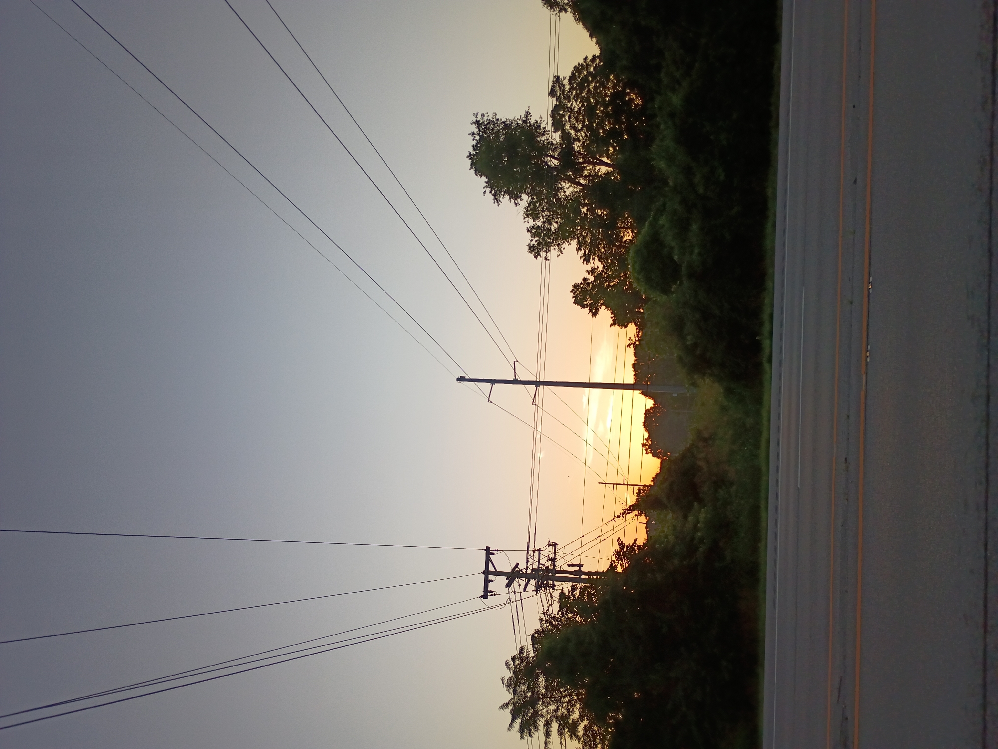 The image depicts an outdoor scene at dawn or dusk, with a clear sky transitioning from a pale blue at the top to a soft orange hue near the horizon. Several power lines stretch across the frame, converging towards telephone poles that stand amongst dense green foliage. In the foreground, a paved road with double yellow lines is visible, suggesting a highway or a major street. The overall impression is one of a rural or suburban setting, possibly in Frankfort, USA, where the natural beauty of the sky meets the infrastructure of civilization.