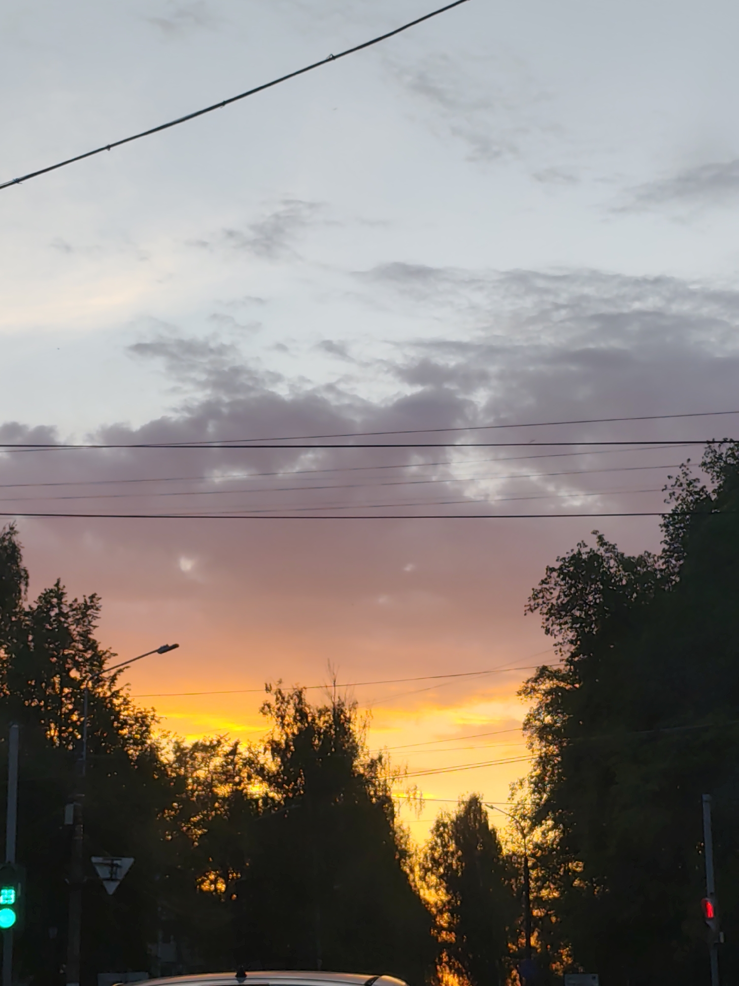 The image captures a sunset in the city of Chaikovsky, Russia, as seen through the gaps between silhouetted trees lining a street. Above the trees, the sky transitions from grey-white with clouds at the top to a blend of purple and orange hues closer to the horizon, where a brighter yellow-orange glow radiates. Utility wires traverse the sky horizontally, creating linear interruptions. A street lamp and road signs are visible on the left, along with a green traffic light. On the right, a red traffic light stands against the backdrop of trees. The top of a light-colored vehicle is visible at the bottom of the frame.