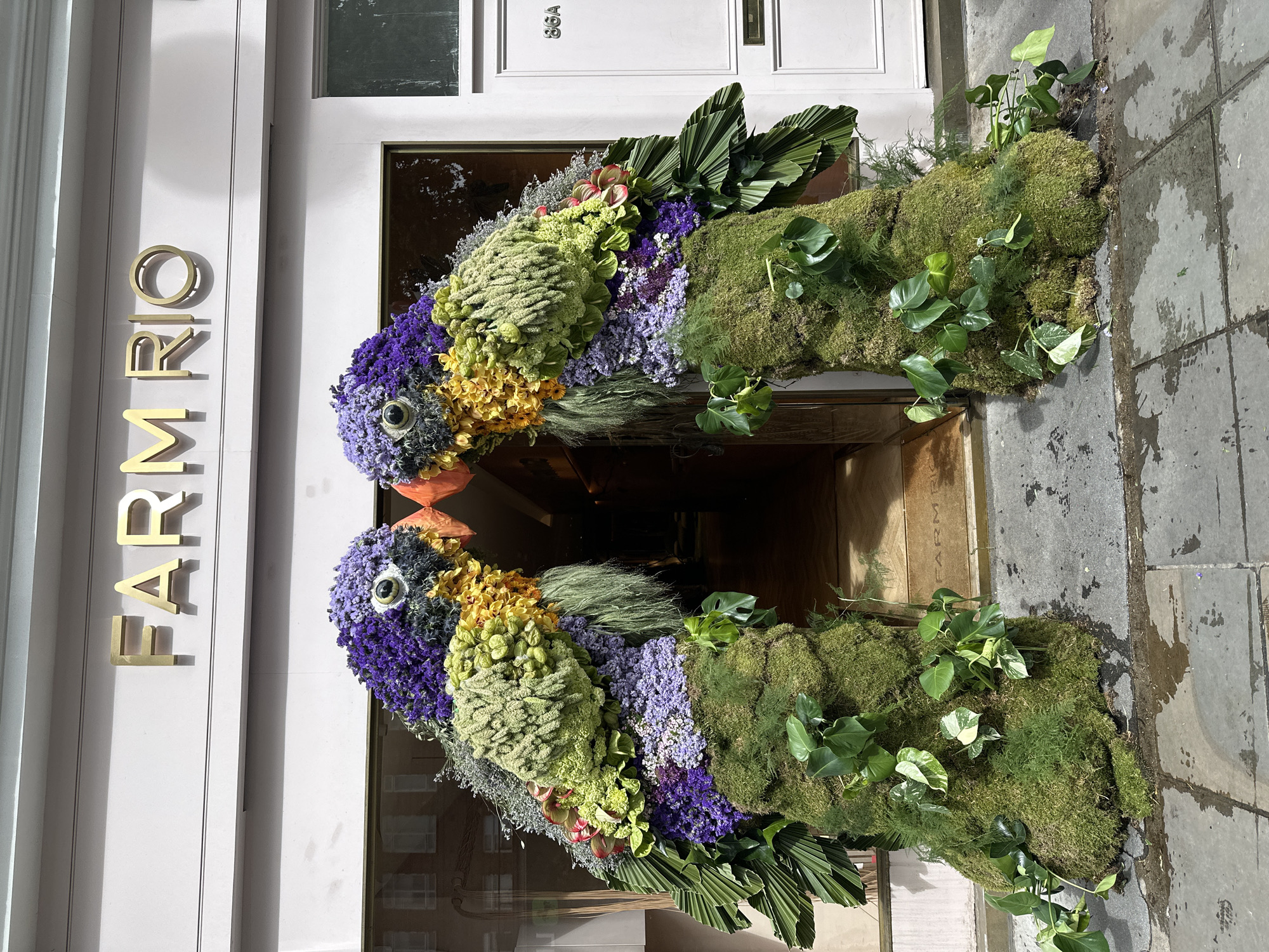 A facade of a building is decorated with floral art. On the left, gold lettering that reads "FARMRIO" is attached to a light pink wall. In the center of the image, a doorway is flanked by two large, elaborate floral arrangements shaped like fish or birds. These structures are composed of a variety of flowers in shades of green, yellow, purple, and white, along with moss and leafy plants. The floral designs include details like eyes and beaks to enhance the animal shape. The right edge of the image shows a section of a gray stone sidewalk. The photograph appears to have been taken in London, United Kingdom, as the style of the building and street are consistent with typical London architecture.