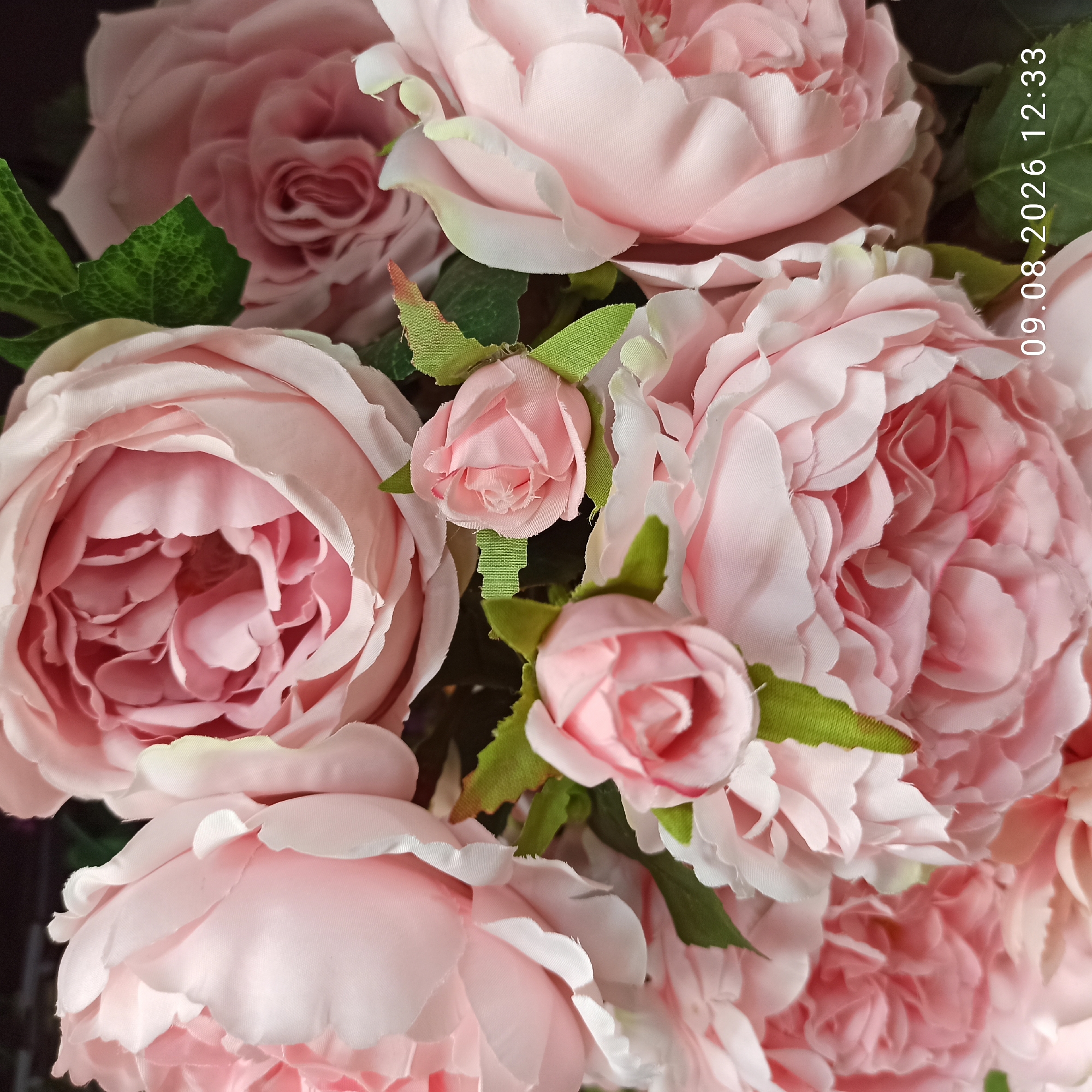 The image displays a close-up of a bouquet of artificial pink roses. The roses are of varying sizes, with some fully bloomed and others appearing as buds. The petals are layered and textured, creating a soft, voluminous appearance. Green leaves are interspersed within the bouquet, adding a contrasting color. In the lower right corner of the image, a timestamp is visible: "09.08.2026 12:33". The background is dark and out of focus, emphasizing the flowers as the main subject. There is no indication or context within the image to suggest a specific location in the city of Terlizzi, Italy.