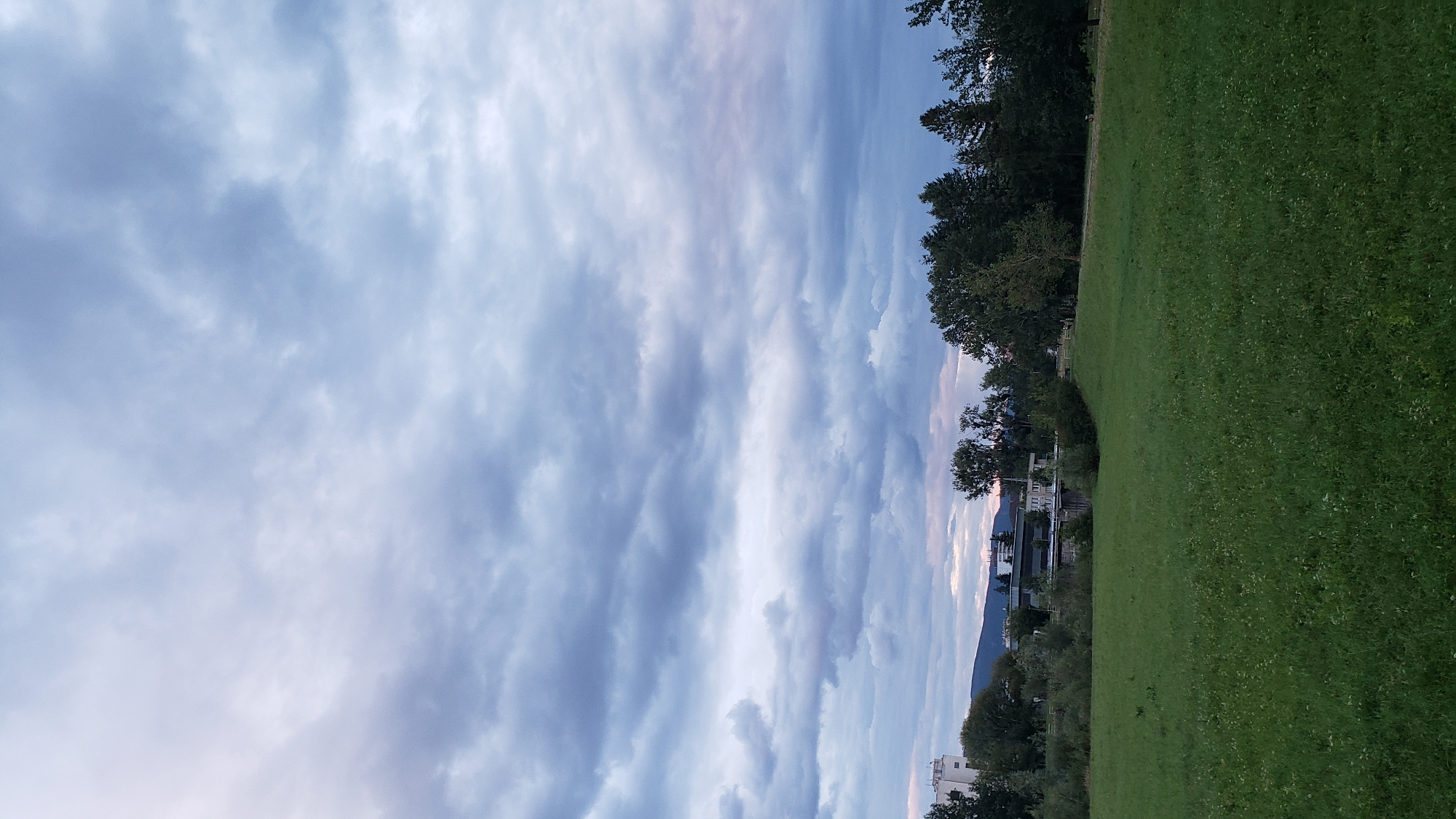 The image captures a broad view of a green, grassy field in Prešov, Slovakia, likely during the late afternoon or early evening, as indicated by the overcast sky with hues of pink and purple mixed with grey clouds. In the background, a line of trees separates the field from a cluster of buildings and distant hills. The buildings appear to be a mix of modern and older structures, including a white multi-story building on the left and other, lower buildings with darker facades. The field itself is lush and uneven, with scattered wildflowers visible in the grass. The overall atmosphere is tranquil and natural, with a hint of urban presence in the distance.