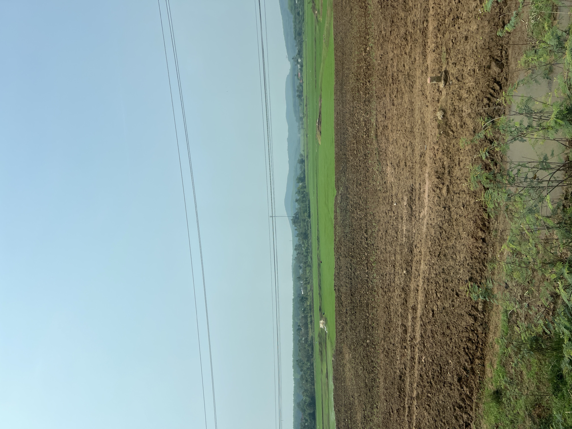 The image depicts a rural landscape in Dak To, Vietnam. The scene is divided into distinct zones. On the right, there is a field of tilled, brown soil. Adjacent to the soil is vegetation with green plants growing next to a water source. To the left of this, there is a field of green vegetation which appears to be a rice paddy. In the distance, there are rolling hills. Overhead, there are high-tension power lines stretching across the scene. The sky is a clear blue. There are no people visible in the image.