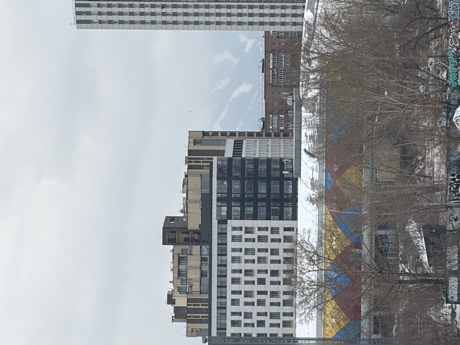 The image, oriented upright, depicts a winter or early spring urban scene in Krasnoyarsk, Russia, under an overcast sky. The landscape features a mix of modern and older multi-story buildings and bare trees.
On the left, a tall, slender residential high-rise with a repetitive grid of small, light-colored windows dominates the skyline. To its right and slightly foregrounded, a cluster of more contemporary buildings includes one with striking black and white facade sections and numerous windows and balconies, and another with a beige and brown exterior featuring varied architectural elements and balconies. In the background, an older, brown apartment block with many windows is partially visible.
A prominent building on the right side features a distinctive, colorful facade adorned with a geometric pattern of red, blue, yellow, and white rhombuses, possibly indicating a public building or a modern commercial structure. Bare-branched trees, characteristic of winter or early spring, occupy the mid-ground and foreground on the right, partially obscuring the colorful building and the ground. Patches of snow are visible on the ground beneath the trees.
Along the far right, a wall or fence is heavily covered in black and white graffiti, with highly stylized text that is largely illegible. The sky is uniformly grey and overcast, suggesting a cloudy daytime. A small, dark bird or object is faintly visible in the upper-mid sky. No specific human activity is taking place. The overall scene conveys a stark, modern city environment in cold weather.