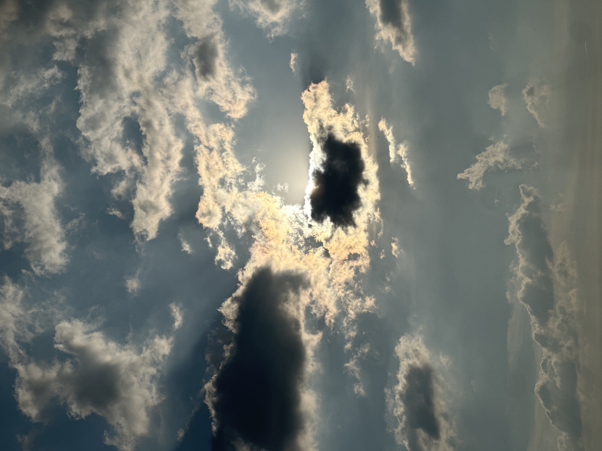 The image is a photograph of a cloudy sky. The sun is partially obscured by a dark cloud, with rays of light breaking through. The clouds are varied in texture and density, with some appearing dark and ominous, while others are lighter and illuminated by the sun. The sky is a muted blue-gray color. There are no people, buildings, or recognizable landmarks in the image, making it impossible to determine its specific location within the city of Estachi, Russia.