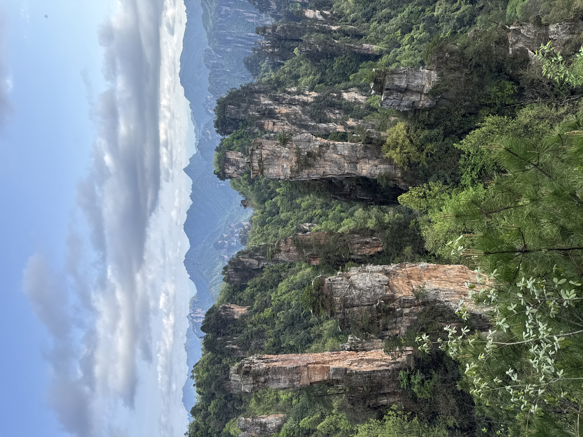 This image depicts a vertical view of the Zhangjiajie National Forest Park in Wulingyuan, China. The scene features towering sandstone pillars covered with dense green vegetation. Several layers of mountains fade into the background under a sky filled with scattered clouds. There is no evidence of people or human interaction in this particular view.