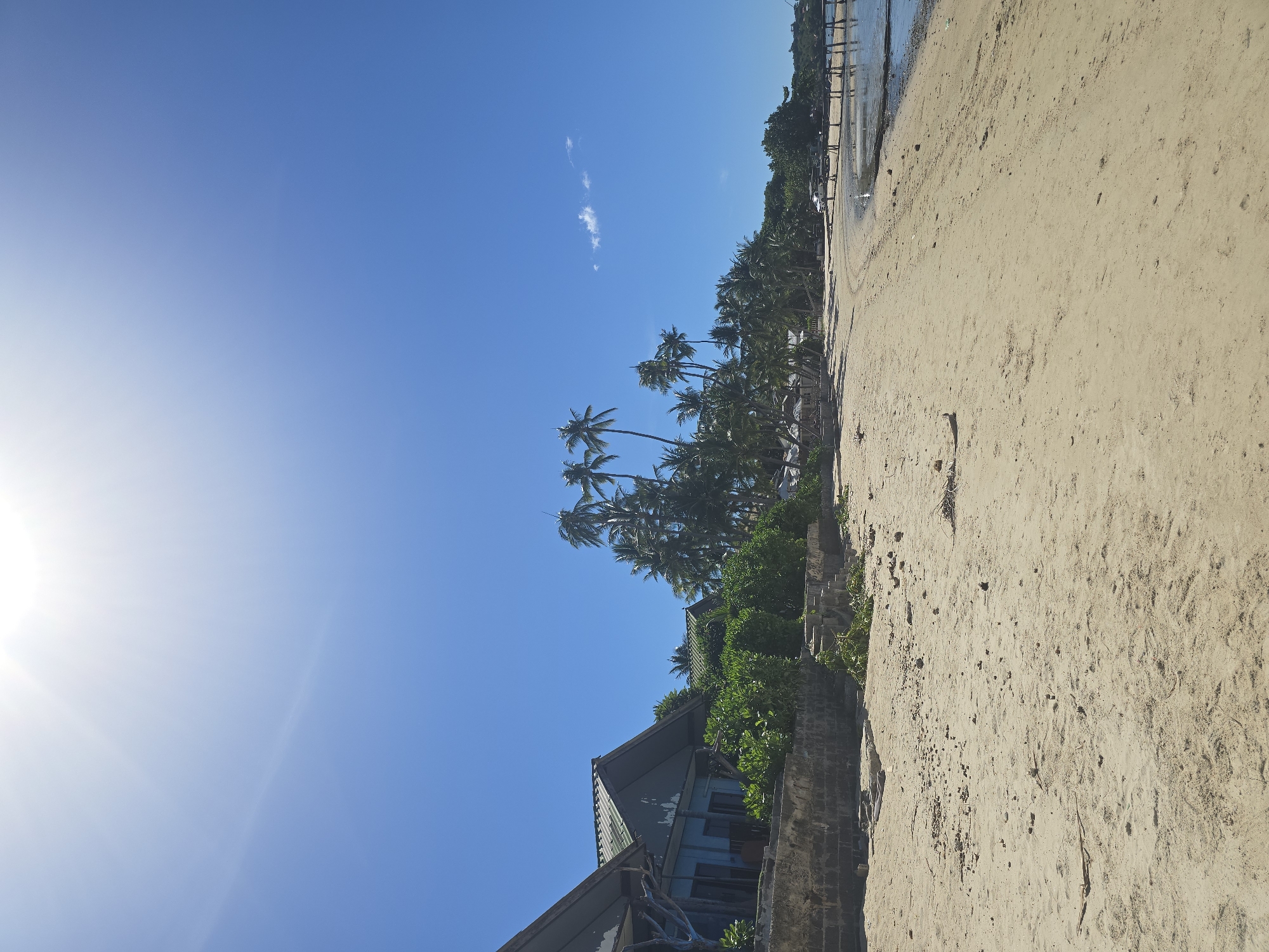 The image shows a sandy beach with palm trees and a building. The sky is clear and blue with some wispy clouds, suggesting it is a sunny day. The sun is shining brightly, casting a lens flare in the upper left corner. The beach is wide and sandy, with some debris scattered on it. The palm trees are lush and green, and they are planted in a row along the edge of the beach. The building appears to be a house or a resort, with a pitched roof and blue walls. It is partially obscured by the palm trees and vegetation. The ocean is visible in the background, with calm water and a distant shoreline. There are some wooden structures or piers extending into the water. The scene appears to be a tropical or subtropical location, likely a beach resort. No people are visible in the image. The time of day appears to be late morning or early afternoon, given the angle of the sun and the brightness of the light. The overall mood is peaceful and serene, evoking a sense of vacation or relaxation.