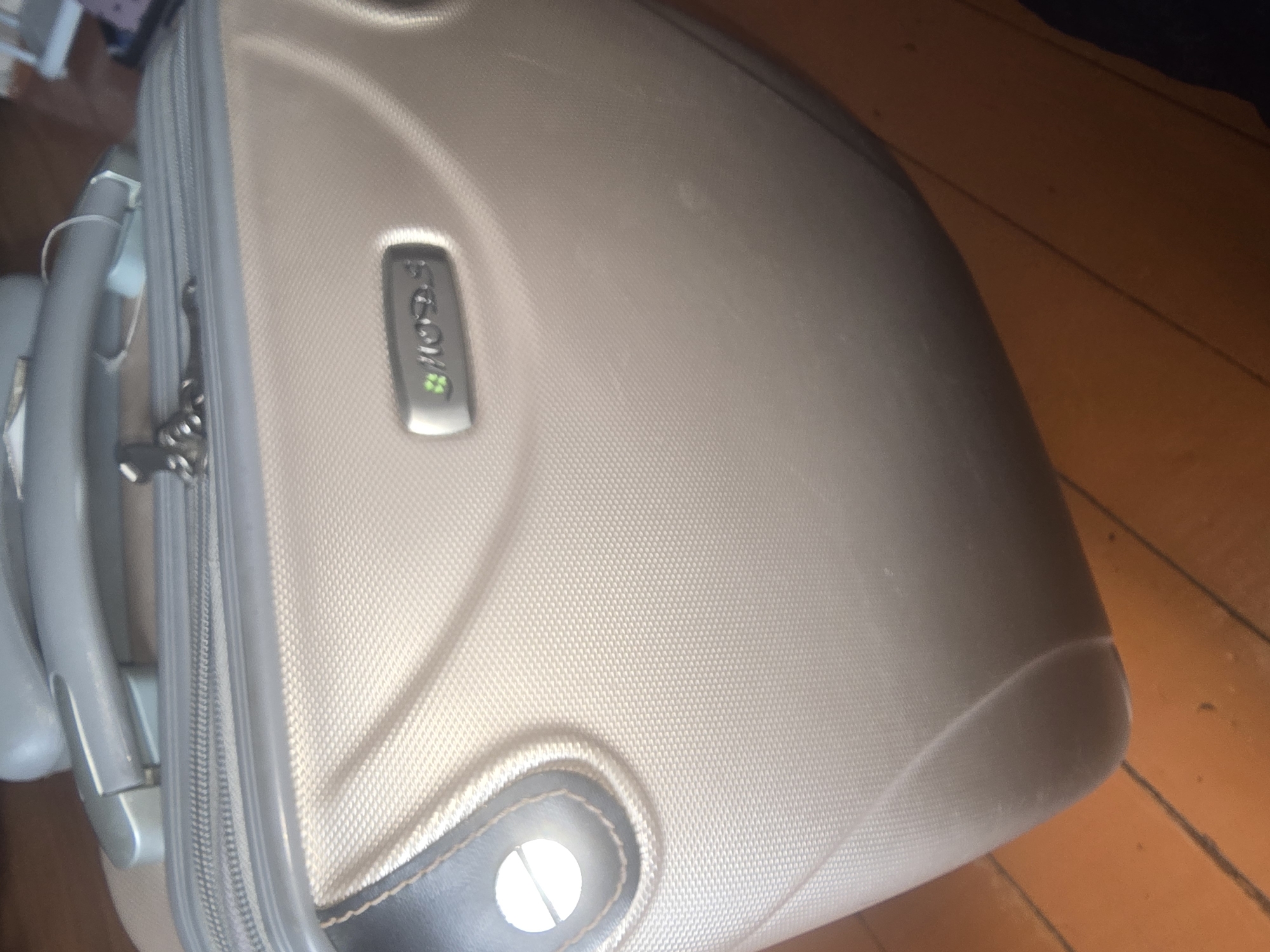 The image shows a close-up, angled shot of a champagne-colored suitcase with a textured surface. A silver handle with a luggage tag attached is visible at the top. A silver zipper runs along the top of the suitcase. A small, oval-shaped emblem with a green leaf symbol and the word "MOSA" in stylized grey lettering is affixed to the front of the suitcase. A reflective circle with a white light source is seen within a black leather accent on the left side of the suitcase. The suitcase is positioned on a wooden floor with visible planks and grain. The overall scene appears to be indoors, likely in a residential setting, with no identifiable landmarks of Ulan-Ude, Russia.