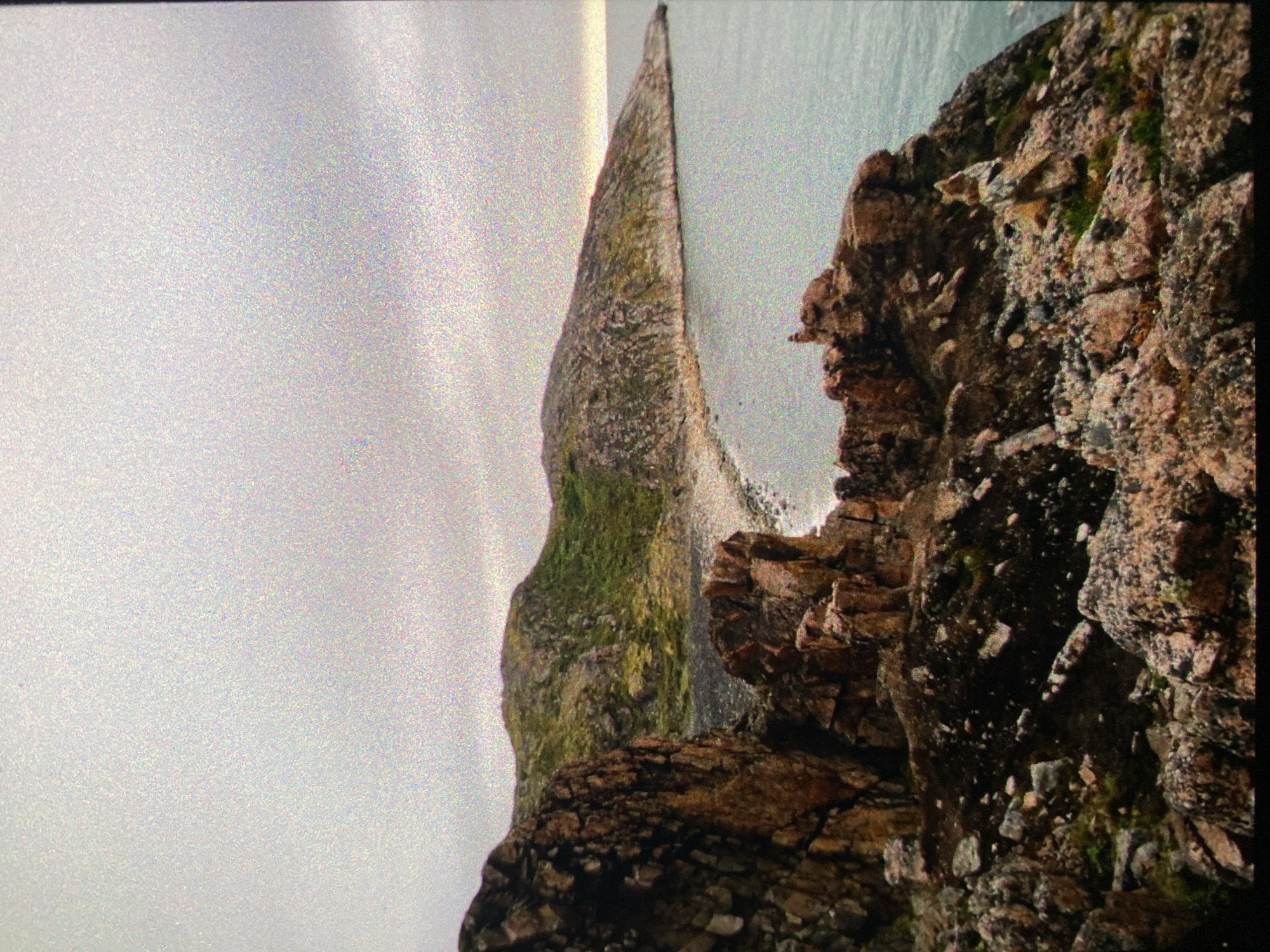 The image shows a rocky coastal landscape, likely a cliff formation. The sky is overcast and bright. There is a narrow, tall landmass extending into the water. The cliffs are rugged and covered in vegetation. The water is calm. The location is most likely not Saint Petersburg, Russia as this city does not have such a coastline.