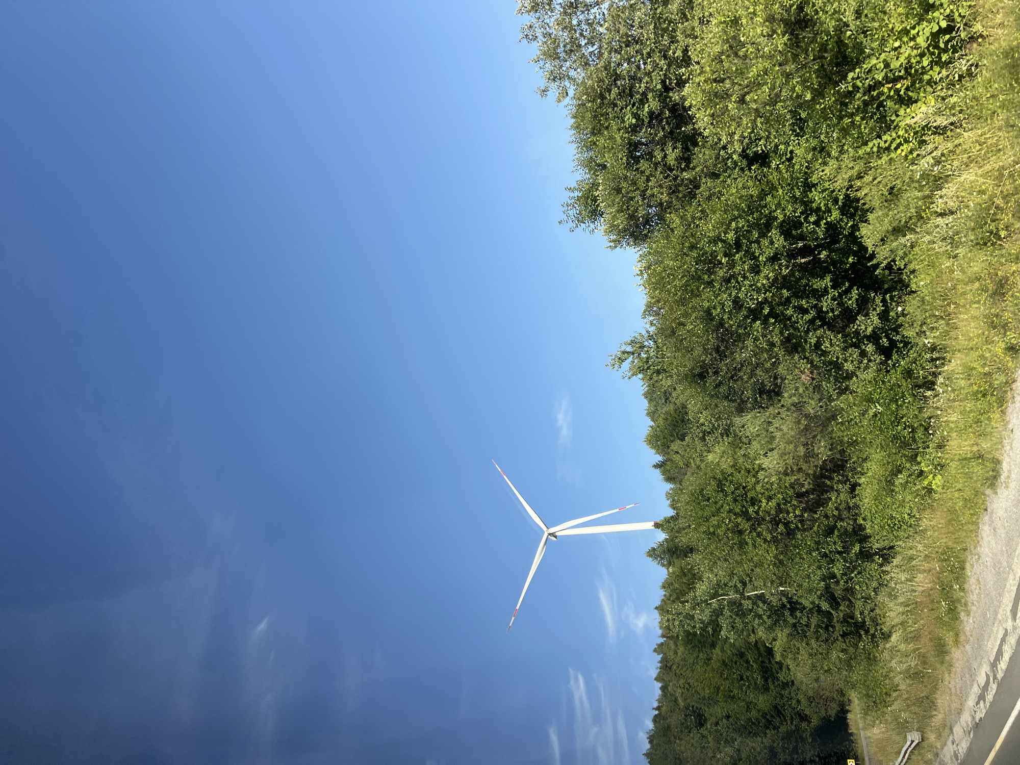 The image shows a wind turbine standing tall against a clear blue sky. The turbine has three white blades, each with red accents at the tip. It is positioned behind a dense line of green trees and foliage that covers a hillside. In the foreground, there is a road with a guardrail and tall grass along the side. The scene appears to be a rural or semi-rural area, likely in the city of Latorka, Ukraine, given the context. There are no people visible in the image.