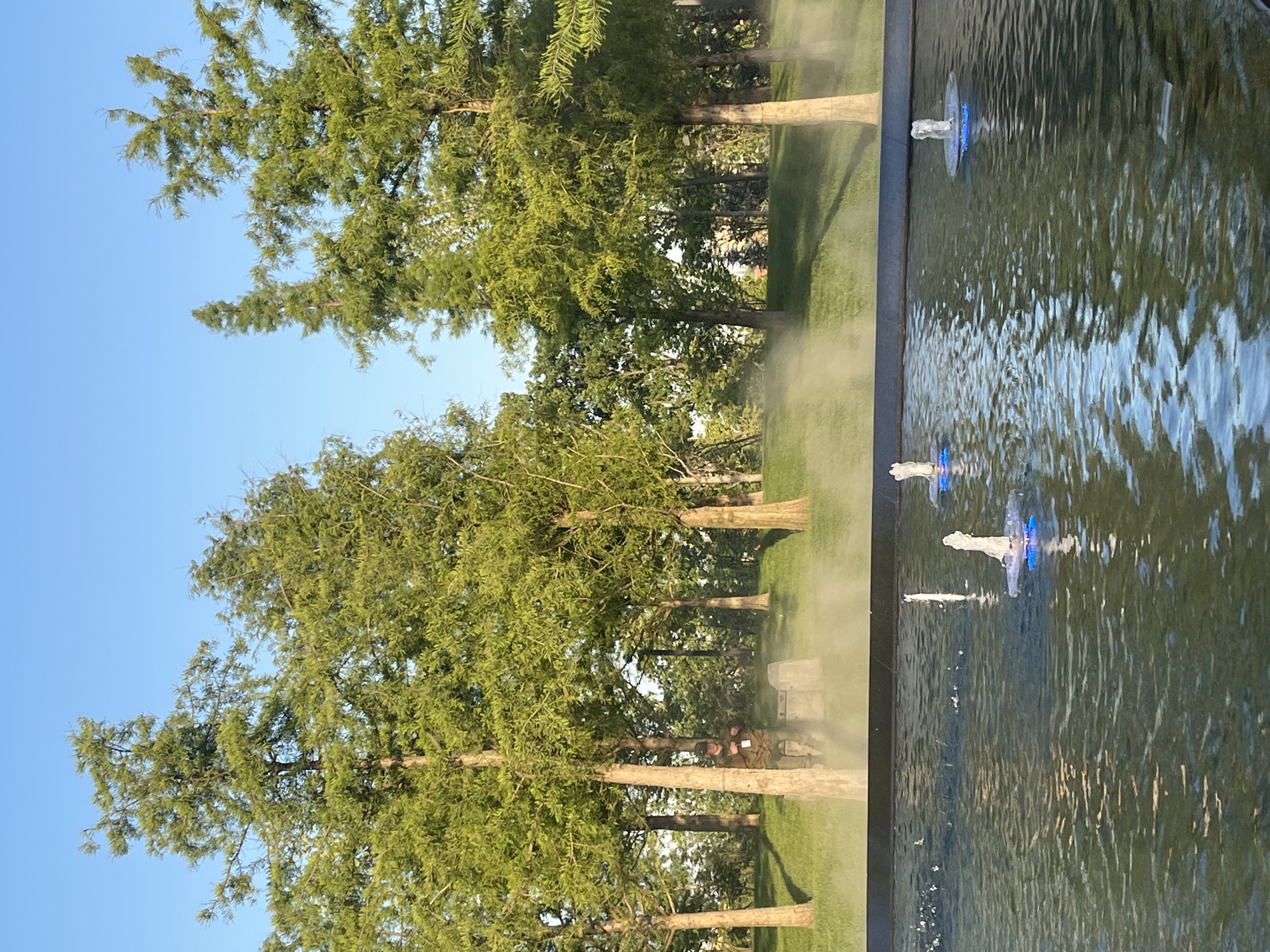 The image shows a scene in the city of Krasnodar, Russia. Lush green trees line a grassy area. A water feature with multiple jets of water, illuminated with blue lights, is prominent in the foreground. Two people are sitting on a bench in the distance under the trees. The sky is a clear blue. The photograph appears to be taken on a sunny day.