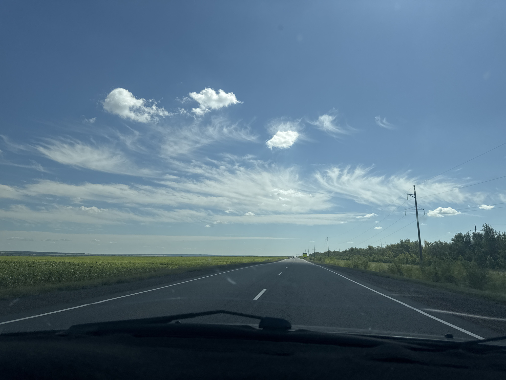The image depicts a view from inside a vehicle traveling on a straight, paved road through a rural landscape. The road has white dashed lines marking the lanes. On the left side of the road, there is a vast field of green crops, possibly sunflowers, stretching to the horizon. On the right side, there is a line of trees and vegetation, with several utility poles and power lines visible. The sky is a bright blue with scattered white clouds, some of which are wispy and streaky. The scene appears to be in the daytime under clear weather conditions. The vehicle's windshield wipers are visible in the foreground, indicating the perspective is from the driver's seat. There is no indication of the specific location within Burdygino, Russia, other than it is a rural area with agricultural fields and infrastructure. No people or specific actions are depicted, only the environment and the road ahead.