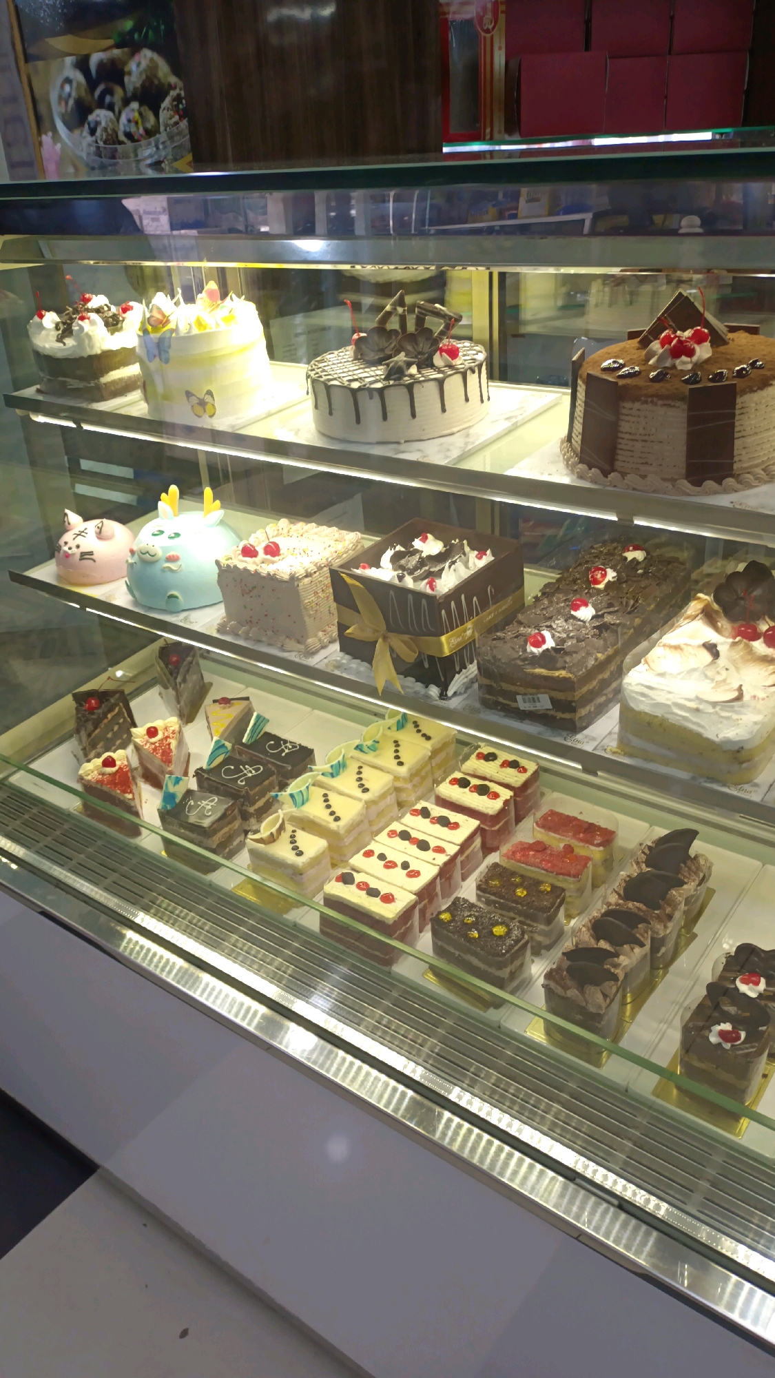 The image shows the interior of a bakery or cake shop, displaying a variety of cakes and pastries in glass display cases. The items are arranged on multiple shelves. On the top shelf, there are at least three whole cakes. The leftmost cake is dark brown with white frosting and cherries. The middle cake is round and yellow with butterfly decorations. The rightmost cake is white with a chocolate drizzle and chocolate shards. Below this, on the second shelf, are more whole cakes and square-shaped cakes. These include a cake with pink and blue animal-shaped decorations on the left, a rectangular cake with white frosting and sprinkles, a square dark brown cake with a yellow ribbon, a rectangular chocolate cake, and a white cake with meringue and cherries. The bottom shelf is filled with an assortment of sliced cakes and smaller pastries. These are arranged in rows and include chocolate, red velvet, and white cakes with various toppings like fruits and chocolate. The environment appears clean and well-lit, with reflections visible on the glass. There are no people visible in the image. The location is identified as Padang Panjang, Indonesia, suggesting this is a commercial establishment within that city.