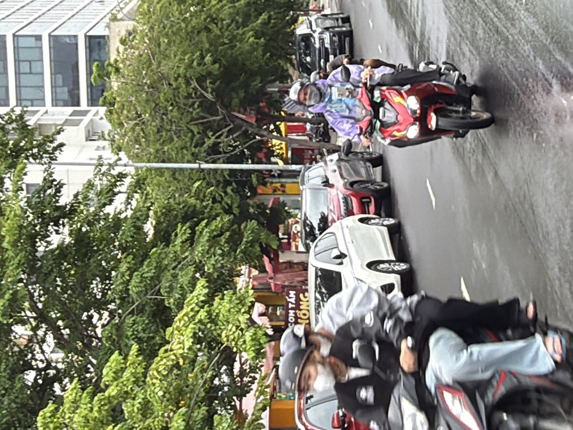 In Nha Trang, Vietnam, on a wet asphalt street, two people are riding a red motorcycle. The driver, wearing a purple raincoat and a patterned scarf over their face, is looking forward. The passenger behind them is wearing a dark jacket and helmet. The motorcycle has its headlights on. In the background, several cars are on the road, including a white sedan and a red SUV. Further in the distance, buildings are visible, partially obscured by lush green trees lining the street. The overall atmosphere suggests a slightly overcast or rainy day.