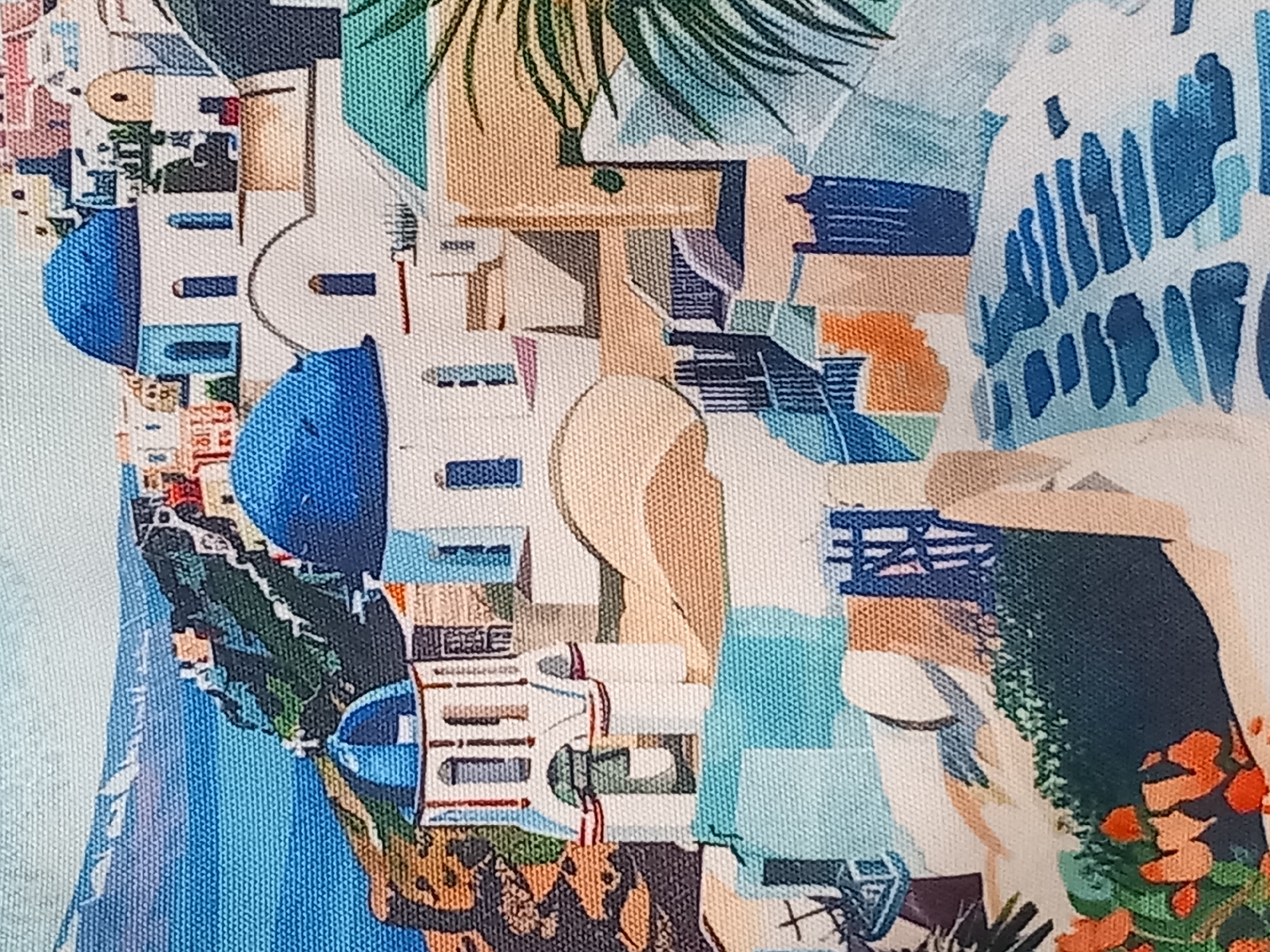 This is a close-up, abstract, and fragmented depiction of a Mediterranean-inspired scene, possibly a coastal town. The artwork is characterized by its cubist and fauvist influences, with geometric shapes and bold, flat areas of color.
Prominent subjects include stylized architectural elements such as white buildings with blue domes, reminiscent of Greek island architecture. There are also representations of lush green foliage, possibly palm fronds or other tropical plants, and bursts of vibrant orange flowers. The overall impression is one of a sun-drenched, lively environment.
The scene appears static, with no explicit activity or event taking place. It's a visual composition rather than a narrative depiction. The fragmentation of forms and the overlapping planes suggest a sense of depth and complexity.
Notable details include the use of a bright color palette dominated by blues, whites, greens, and oranges, creating a cheerful and energetic atmosphere. The texture of the canvas is visible, suggesting it might be a painting or a textile print. While the specific location is unknown, the architectural style and vegetation strongly suggest a Mediterranean or Aegean setting. There is no discernible time of day or weather, as the light is not depicted realistically. No emotions are explicitly conveyed through figures, as no people are clearly visible.
There is no visible text within the image.