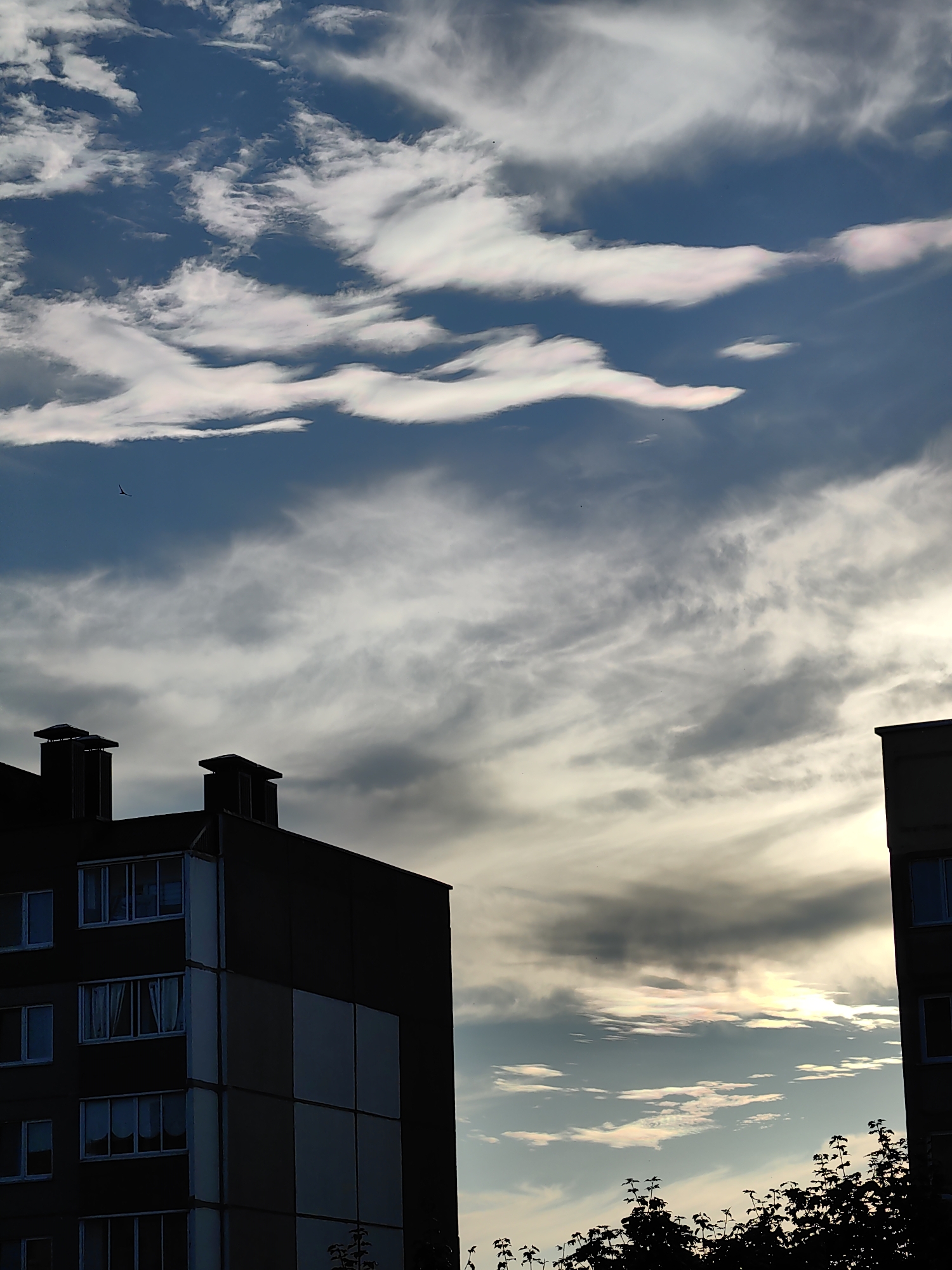 The image captures a cityscape at dusk in Fanipal, Belarus. The foreground is dominated by the dark silhouettes of buildings, including an apartment building with visible windows and chimneys on its roof. The sky above is a dramatic canvas of clouds, with patches of bright, iridescent colors suggesting a sunset or atmospheric optical phenomenon. A solitary bird is visible in flight against the blue sky. The overall scene is tranquil, with the urban environment juxtaposed against the natural beauty of the sky.