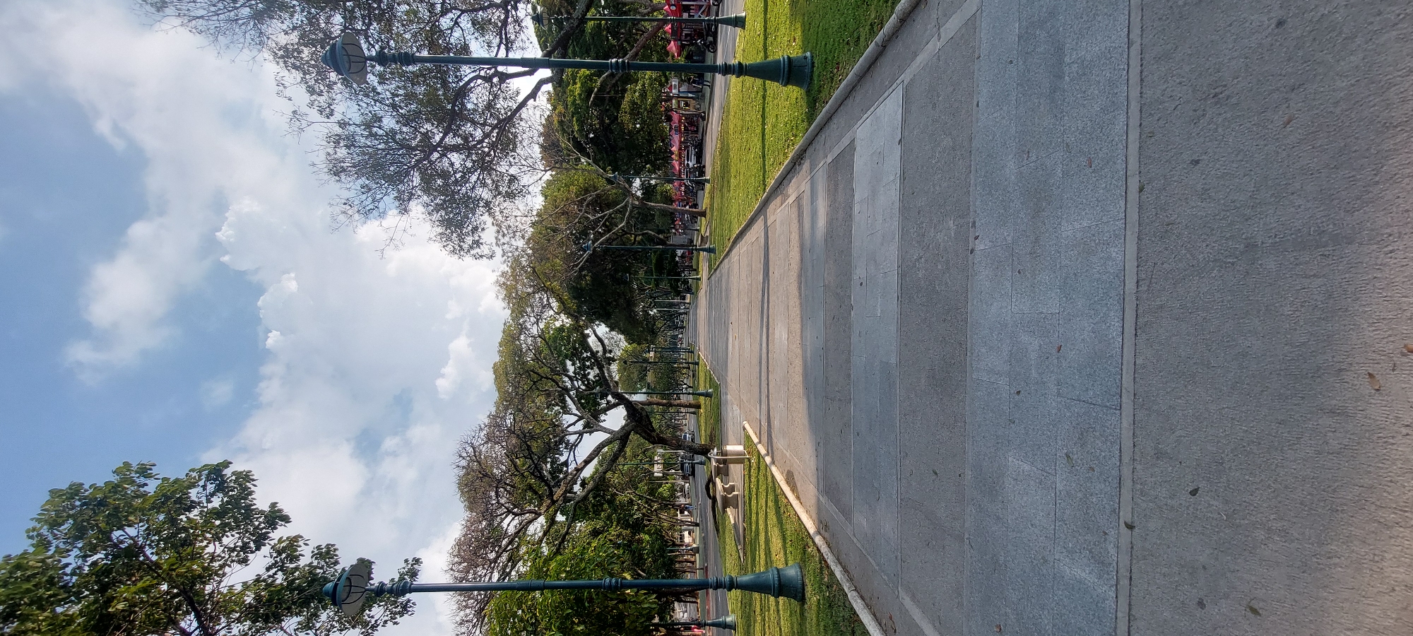 The image shows a view along a pedestrian walkway in a park. The walkway is paved with rectangular gray stones. Flanking the walkway on both sides is green grass and trees. Period-style lampposts line the walkway. In the background, there's evidence of light vehicular traffic. The image is likely taken in El Parque Los Caobos in Caracas, Venezuela.