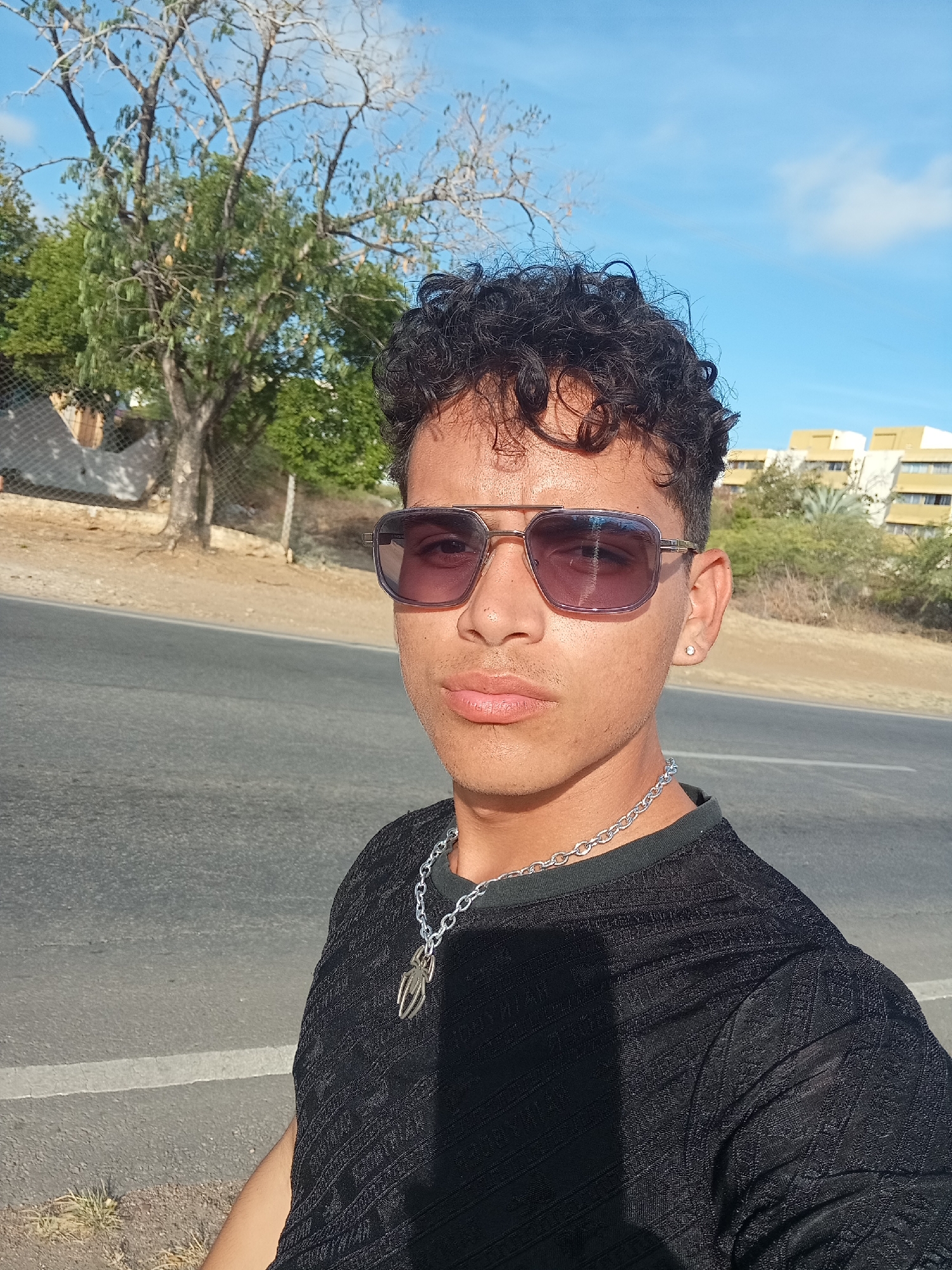 An outdoor, sunlit portrait captures a young man in Altagracia, Venezuela, looking directly at the camera with a neutral expression. He has dark, curly hair and wears aviator-style sunglasses that obscure his eyes, reflecting parts of the bright environment. A small, round, silver stud earring is visible in his right ear. Around his neck, he wears a thick silver-colored chain necklace with a distinctive, abstract metallic pendant. His black long-sleeve shirt features a subtle, patterned texture that appears somewhat sheer.
The image is taken on a clear, sunny day, with bright blue skies and a few wispy clouds visible in the upper right. The sun casts a shadow from his head onto his upper chest and shoulder. Behind him, an asphalt road with a faded white line stretches across the mid-ground. The area alongside the road consists of dry, light-colored earth and sparse vegetation. In the background, a mix of leafy green trees and some trees with sparser, bare branches are visible, suggesting a semi-arid or tropical climate. A chain-link fence can be seen through the trees on the left. Further in the distance on the right, several multi-story buildings with yellow or beige exteriors and white roofs stand out against the sky, possibly residential or commercial structures. There is no visible text in the image.