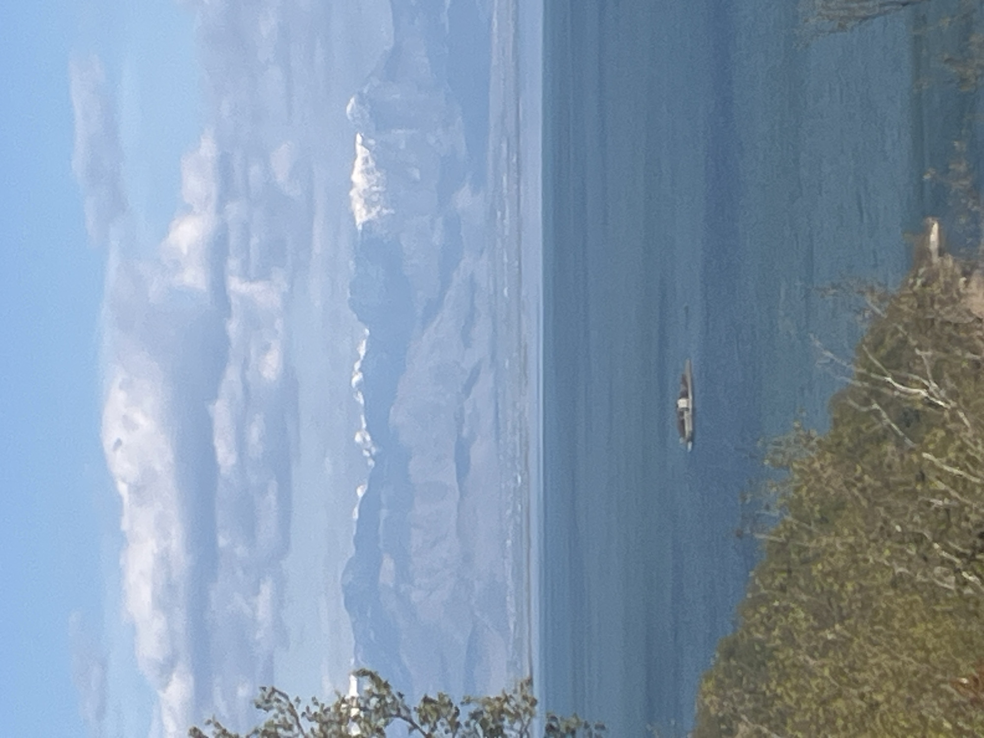 A vertical, medium shot depicts a tranquil scene in Godinje, Montenegro, featuring a body of water with a small boat in the center. Mountains are visible in the background, partially obscured by clouds and haze. In the foreground, tree branches with green leaves are present on the right and bottom of the frame. The sky is a pale blue with fluffy white clouds on the left.