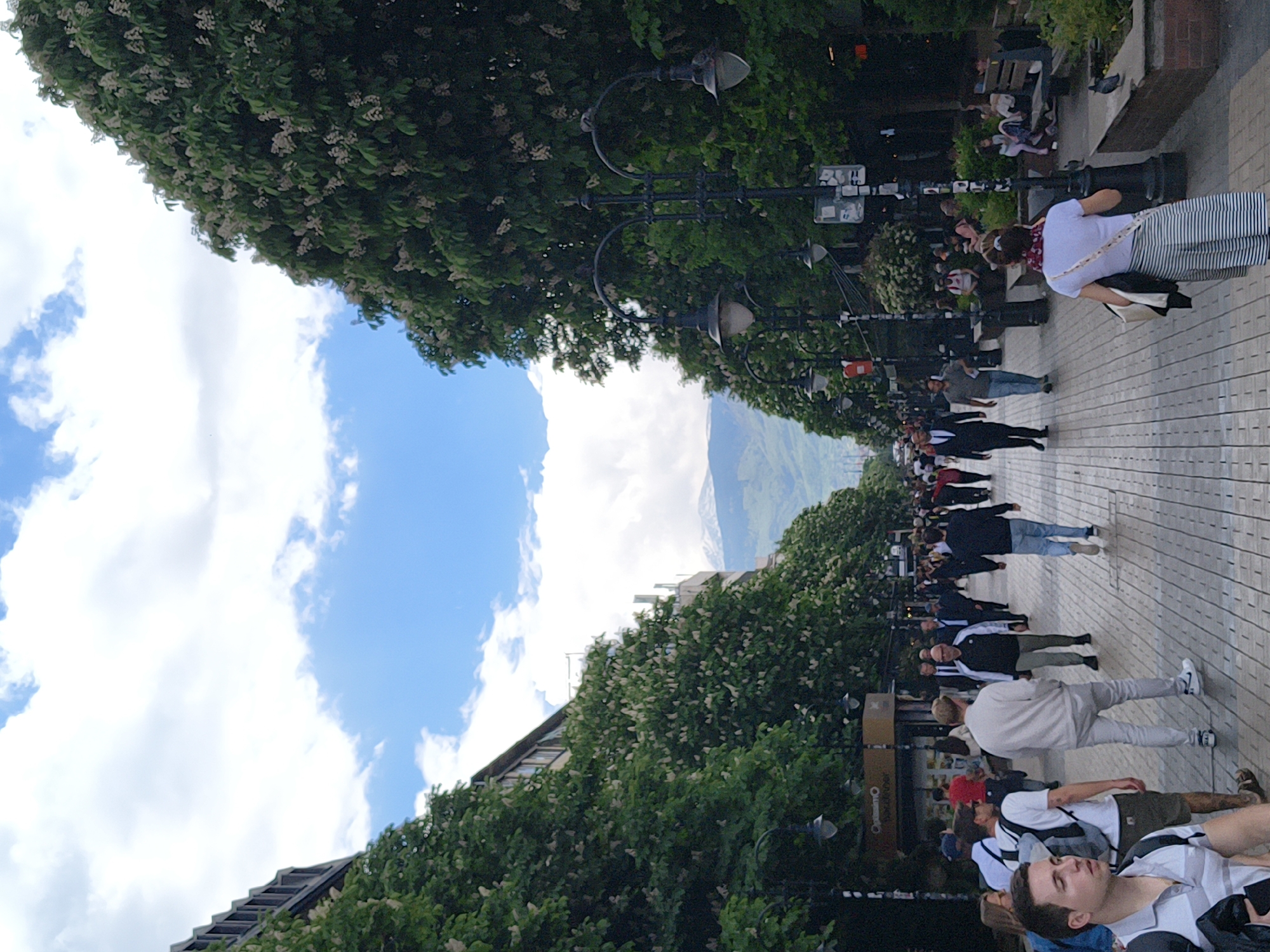 The image captures a bustling pedestrian zone in Sofia, Bulgaria. A wide, tiled walkway is populated with people strolling, standing, or sitting. The sky is partly cloudy. Rows of trees with white blossoms line the walkway. Lampposts are visible along the path. On the right side of the path, some people are sitting on benches. Some individuals are more sharply focused while others are blurred. In the background, a mountain is visible between the trees.