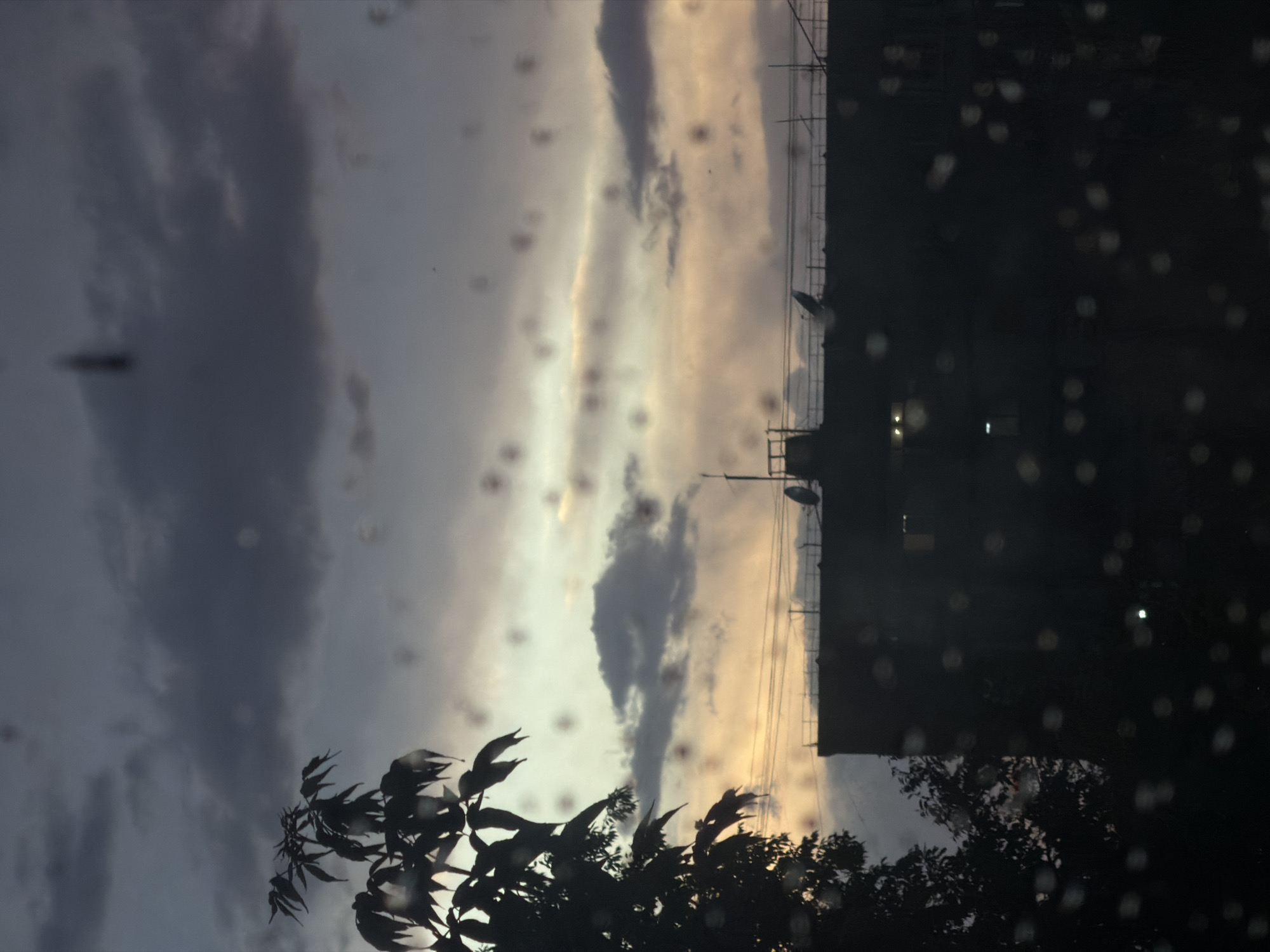 The image depicts an urban scene in Bishkek City, Kyrgyzstan, likely viewed through a rain-streaked window. The sky is filled with dark, heavy clouds interspersed with lighter, yellowish hues, possibly indicating sunset or dawn. A silhouette of leafy trees is visible at the bottom of the frame, juxtaposed against a tall, dark building on the right. The building is partially obscured by what appears to be rain on the window, creating blurred, bokeh-like effects. A satellite dish and a street lamp are discernible on the building's edge. The overall mood is somewhat somber, dominated by the muted colors and the presence of rain.