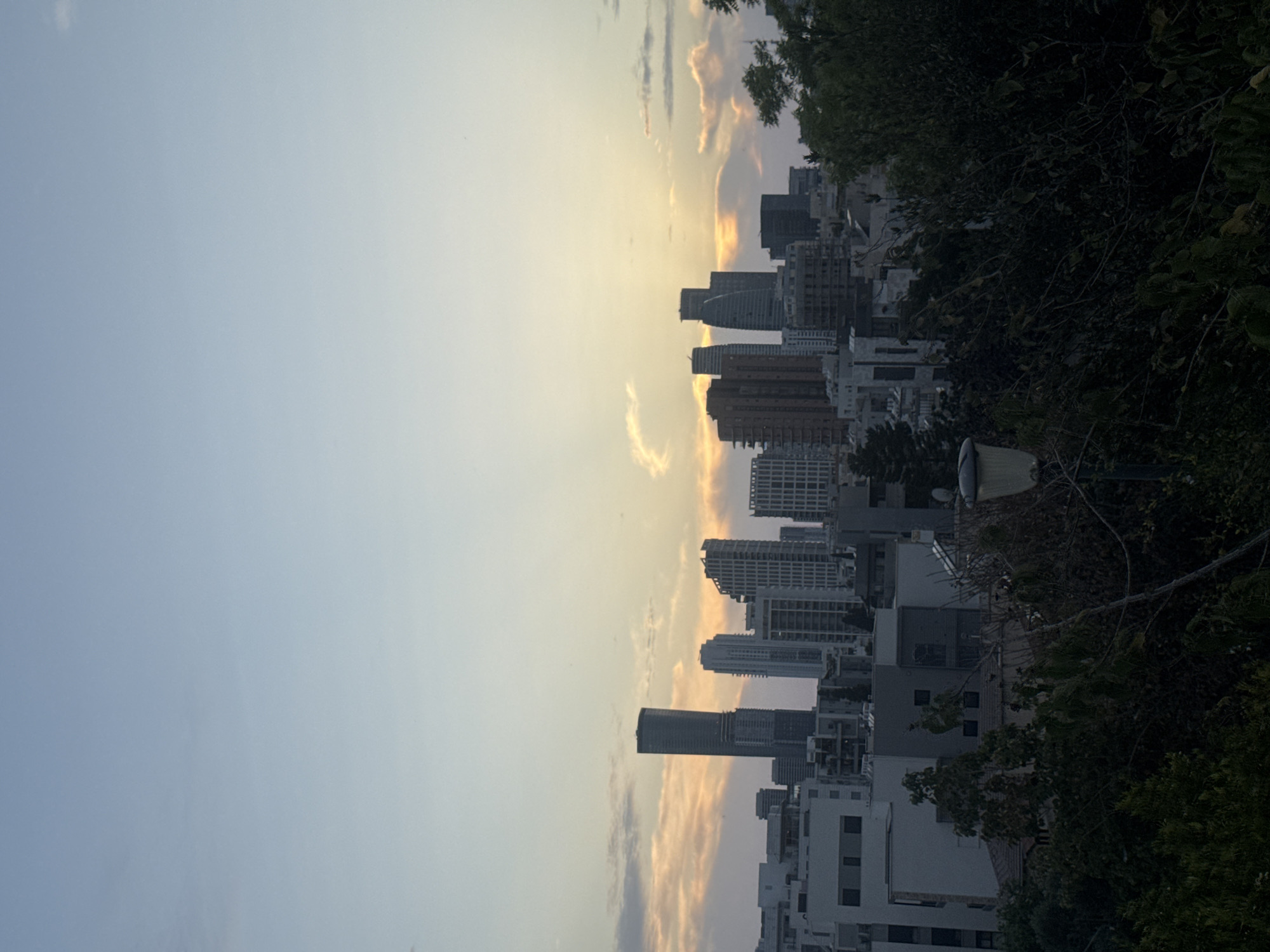 This photograph captures a panoramic view of a modern city skyline at either sunrise or sunset, bathed in soft, transitional light. The setting is likely Ramat Gan, Israel, as provided by the context.
The upper portion of the image is dominated by the sky, which exhibits a clear gradient from a light, cool blue on the left to warmer, golden and orange hues towards the right horizon. Scattered, wispy clouds are visible, illuminated by the low-lying sun, creating a gentle glow and adding texture to the sky.
Below the expansive sky lies a dense urban landscape, characterized by numerous contemporary high-rise buildings and skyscrapers. These structures vary in height and architectural design, forming a prominent city skyline that stretches across the mid-ground. The buildings suggest a bustling metropolitan area.
On the right side of the frame, a significant portion is covered by dark, lush foliage from trees and bushes. This dense greenery provides a natural contrast to the man-made urban structures, partially obscuring some of the buildings and adding depth to the scene. The overall impression is one of an established urban environment interacting with natural elements under the captivating light of dawn or dusk. There is no visible human activity or discernible text in the image.