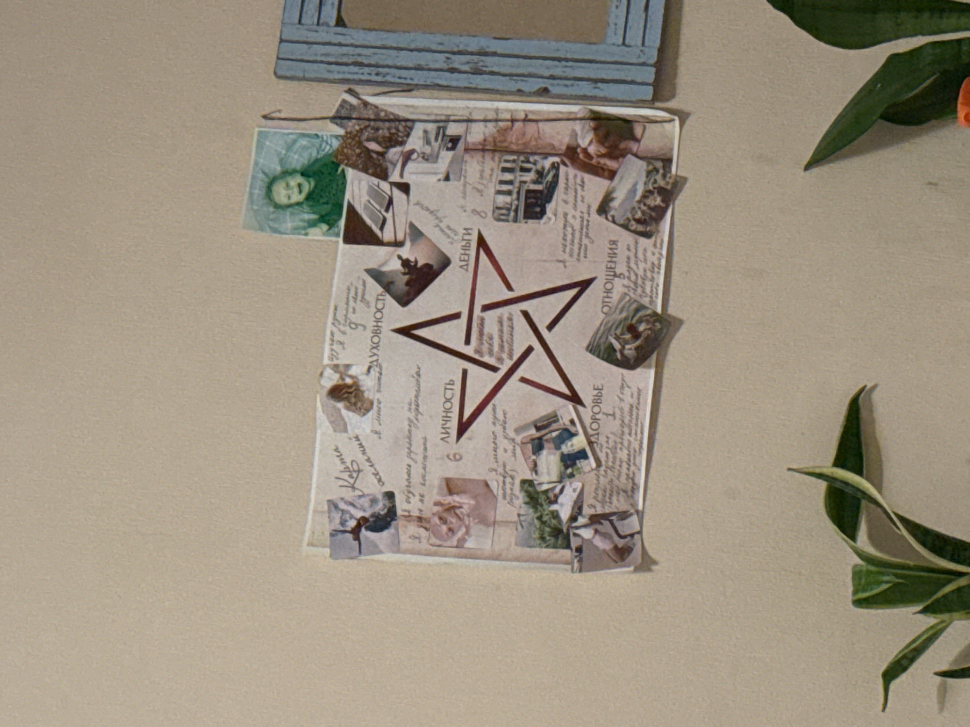 The image shows a collage hanging on a white wall, next to a blue, distressed-wood frame and some green leaves. The collage has various images and Cyrillic text, with a red star symbol drawn over it. The text labels different aspects such as "spirituality," "personality," "money," "health," and "relationships." The collage also includes photos and illustrations.
I cannot confidently provide the location because it is not evident from the image.