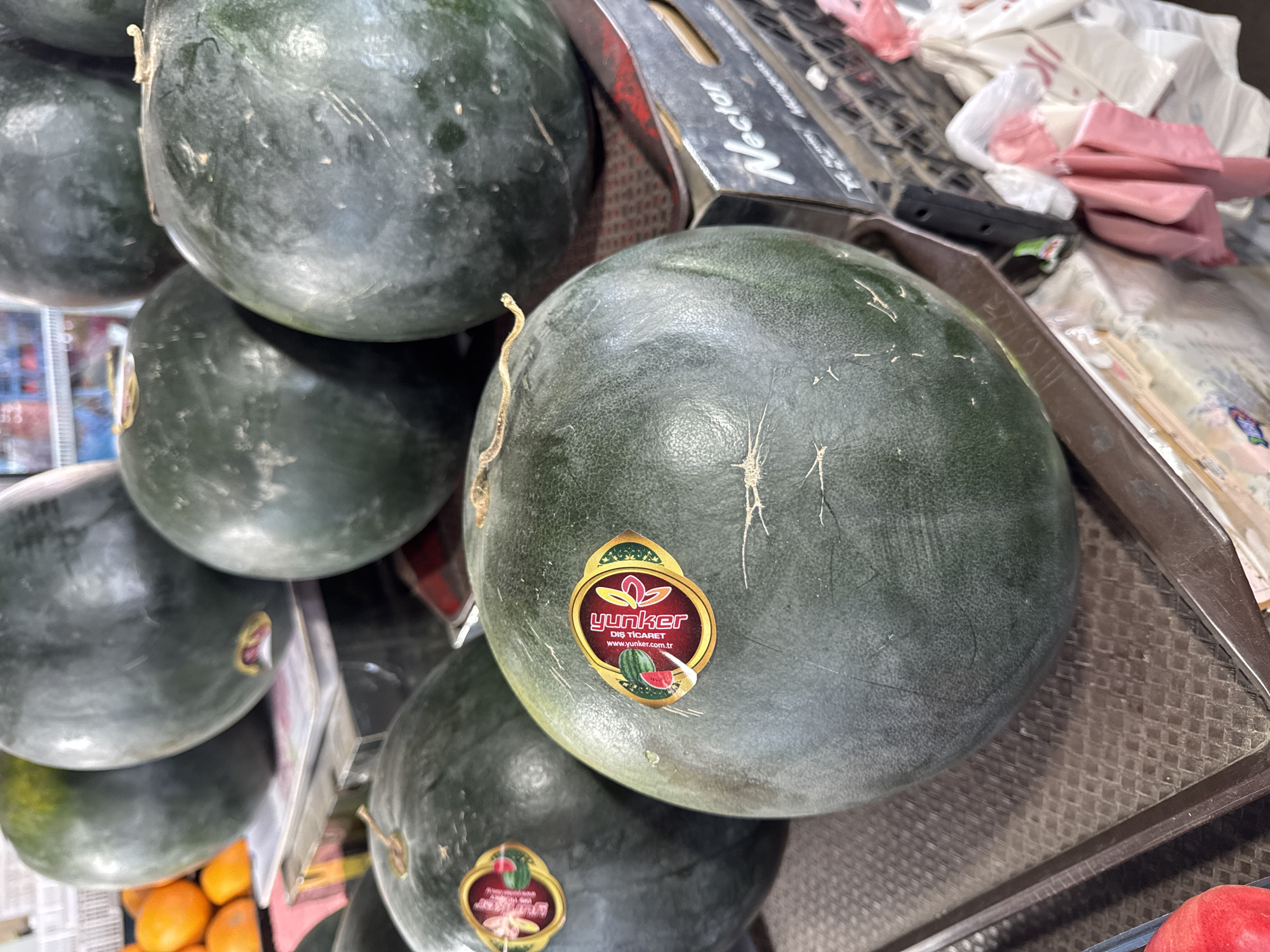 A close-up, eye-level outdoor shot shows a display of large, dark green watermelons. One watermelon in the foreground has a yellow and red oval sticker with text and a picture of a watermelon slice. Another sticker is visible on a watermelon behind it. In the background, several more watermelons are stacked, and to the left, a pile of bright orange citrus fruits is partially visible. To the right, a black plastic crate with the word "Nectar" printed in white is visible, containing various plastic bags. The overall scene appears to be a market stall in Odesa, Ukraine.