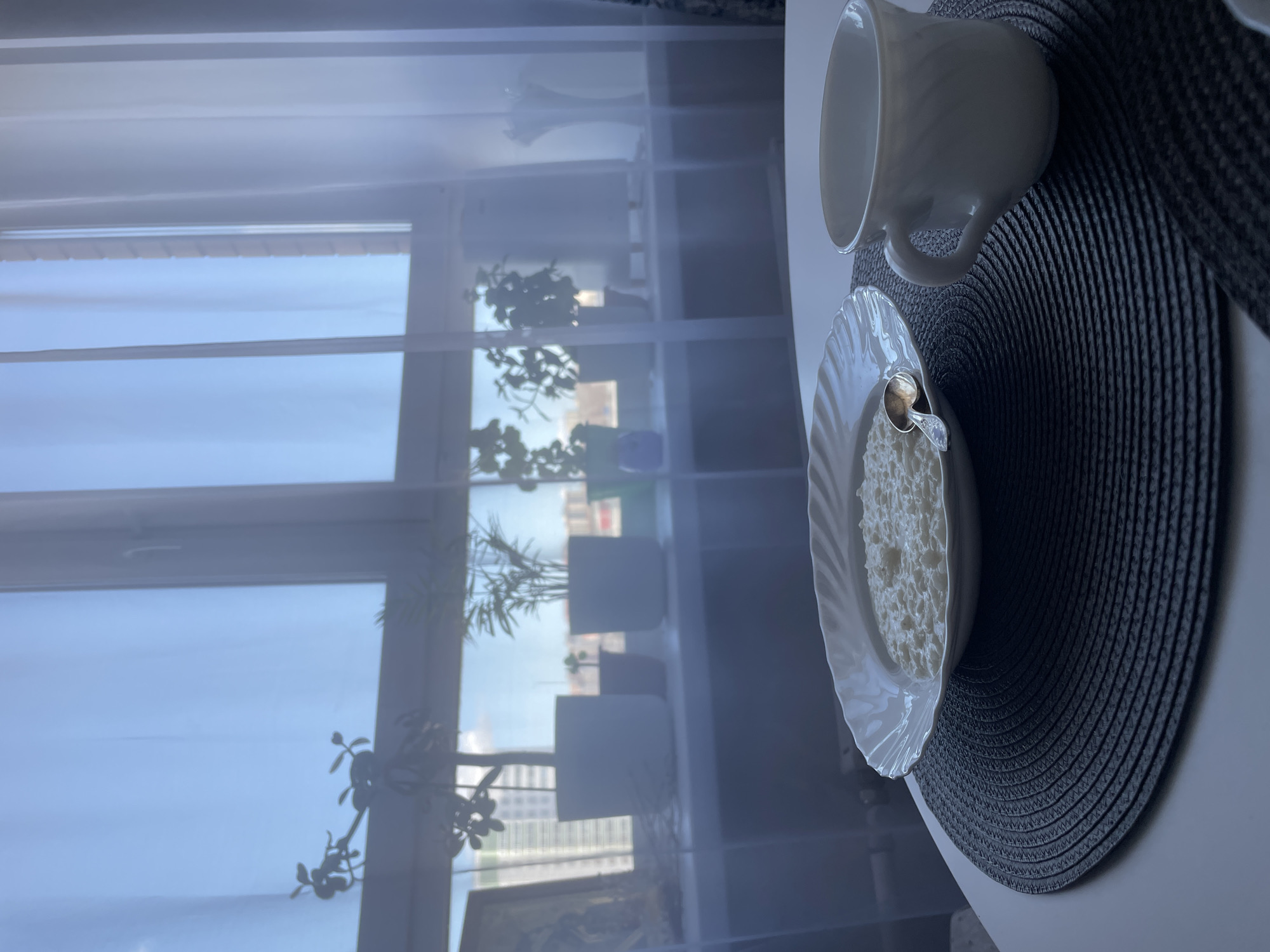 The image captures a moment of domesticity in what appears to be a bright room. A plate of cottage cheese sits on a white plate with a gold spoon. Next to it is a white mug. The plate and mug are on a dark gray woven placemat that lies on a white table.
Beyond the immediate dining setup, a window is visible, providing a view of the urban landscape of Izhevsk, Russia. Several potted plants are arranged on shelves in front of the window, partially obscuring the cityscape. The window itself is covered with a sheer white curtain.