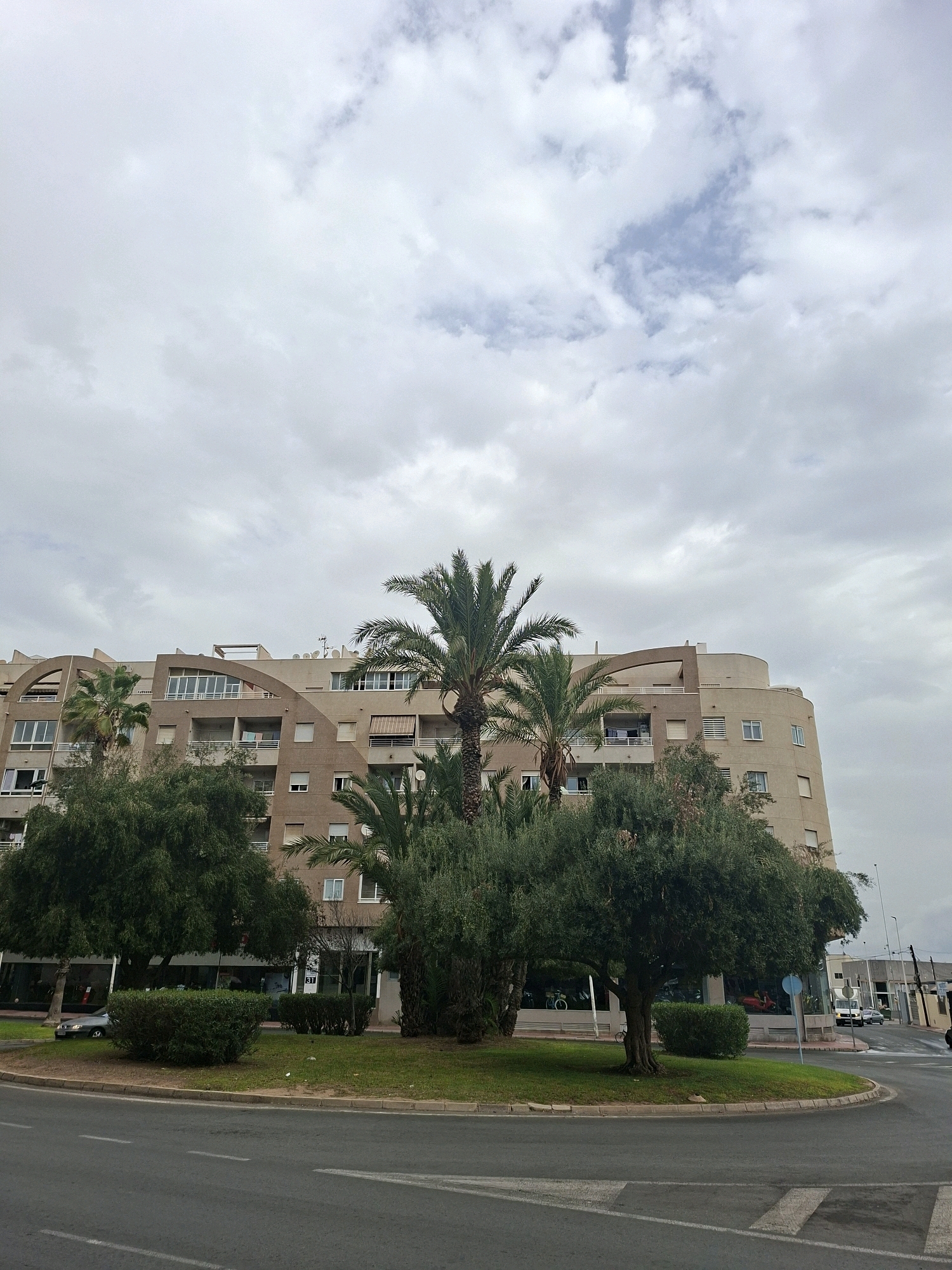 The image captures a street scene in Torrevieja, Spain, on a cloudy day. In the background, a multi-story, light-tan apartment building with curved architectural elements and balconies dominates the frame. Green trees and palm trees are situated in front of the building, along with a grassy area and manicured bushes. A curved asphalt road, marked with white lines, occupies the foreground, suggesting a roundabout or a wide intersection. A few cars are visible on the road and near the building. The sky is overcast with patches of lighter clouds.
