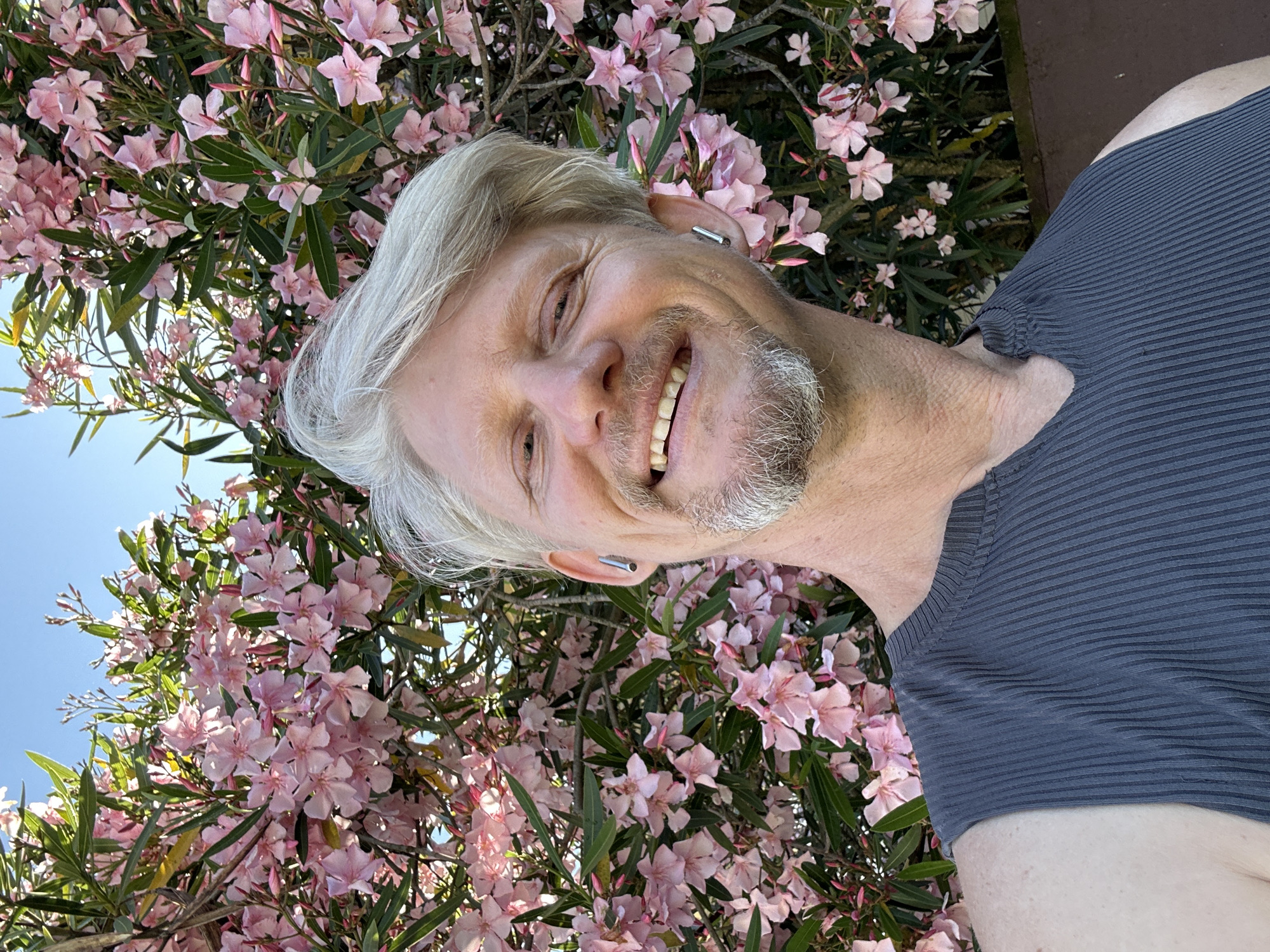 A man with blondish-grey hair and a grey goatee smiles broadly, showing his teeth, as he looks directly at the camera. He is wearing a grey, ribbed, sleeveless shirt and small silver earbuds in each ear. Behind him, a large bush with abundant pale pink flowers and green leaves fills the background. The sky above is clear and blue. The scene appears to be outdoors in a garden setting. There is no indication of the location being in Sochi, Russia.