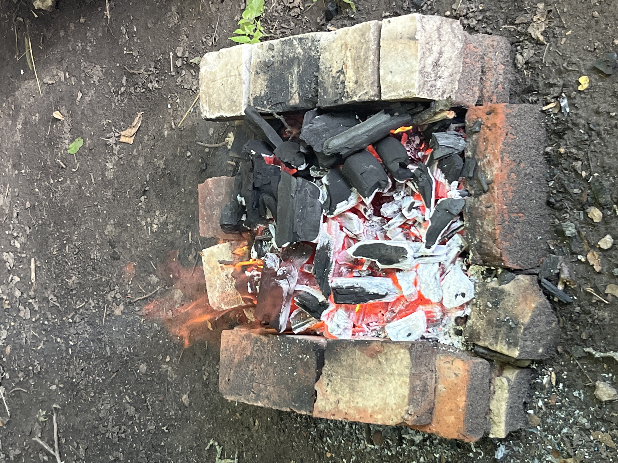 An outdoor scene depicts a rectangular pit constructed from weathered bricks, containing glowing red embers and black charcoal. Small flames flicker among the charcoal pieces. The ground surrounding the pit is composed of dark soil with scattered debris, including leaves and small twigs. The lighting suggests it is daytime. This scene is located in the city of Myrne, Ukraine. There are no people or animals present.