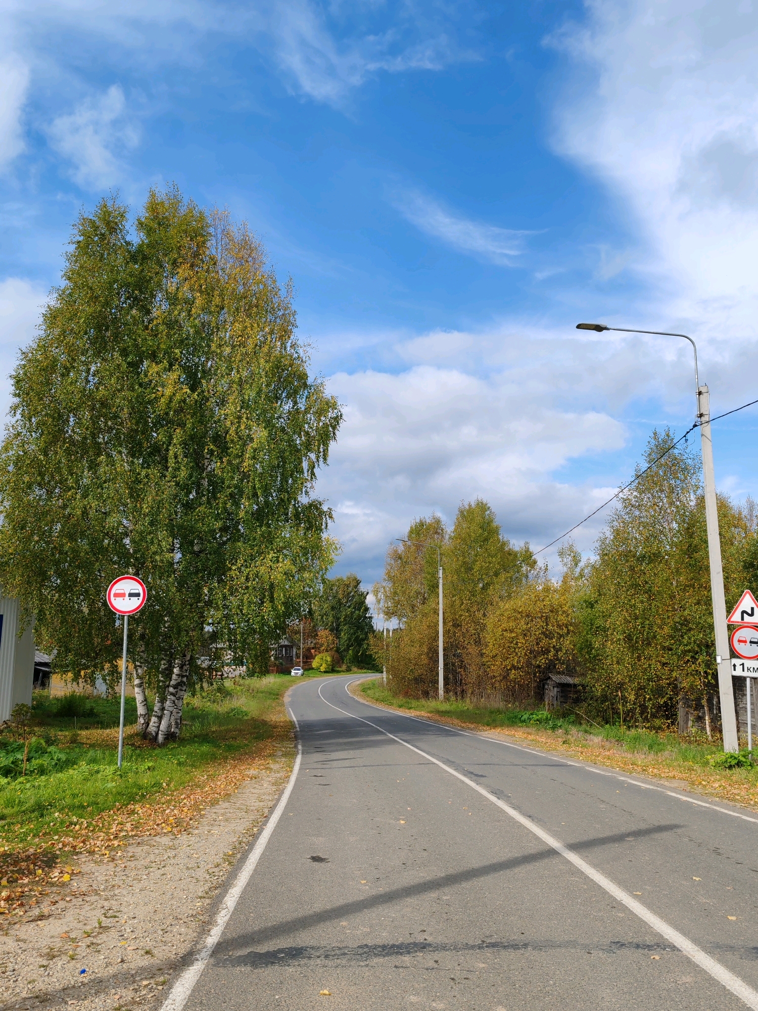 The image shows a paved road curving to the left, bordered by grass and trees on both sides. The trees on the left are lush green and tall, with one large birch tree prominently featured. The trees on the right have begun to turn yellow and orange, indicating an autumn season. Several road signs are visible: a circular red and white sign on the left prohibiting overtaking, and a triangular red and white sign on the right indicating a sharp turn and a speed limit of 11 km/h. A lamppost stands on the right side of the road, and a small wooden shed is visible amongst the trees on the right. The sky is blue with scattered white clouds. The overall impression is a rural road in the city of Chukhlem, Russia, during autumn.