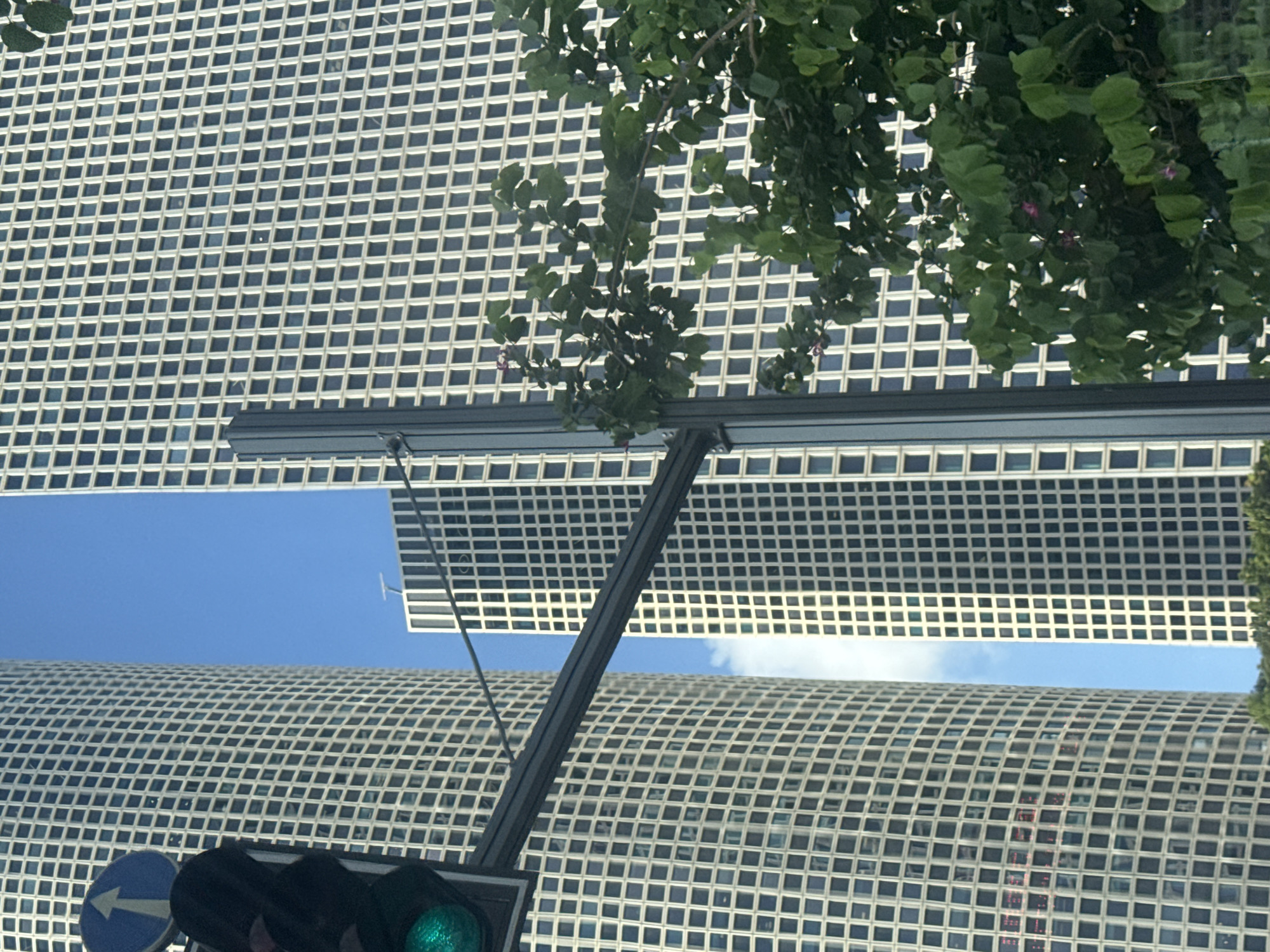 The image shows a street-level view of the Azrieli Center towers in Tel Aviv, Israel. The two circular towers, distinctive for their glass facades and geometric patterns of windows, dominate the background. On the left, a traffic light is visible, displaying a green light. A blue and white traffic sign with an upward-pointing arrow is attached to the same pole as the traffic light. In the foreground, the branches of a green tree, with a few small pink flowers, partially obscure the view of the towers. The sky is clear blue, with a thin white cloud visible between the towers. The scene suggests a bright, sunny day in a modern urban environment.
