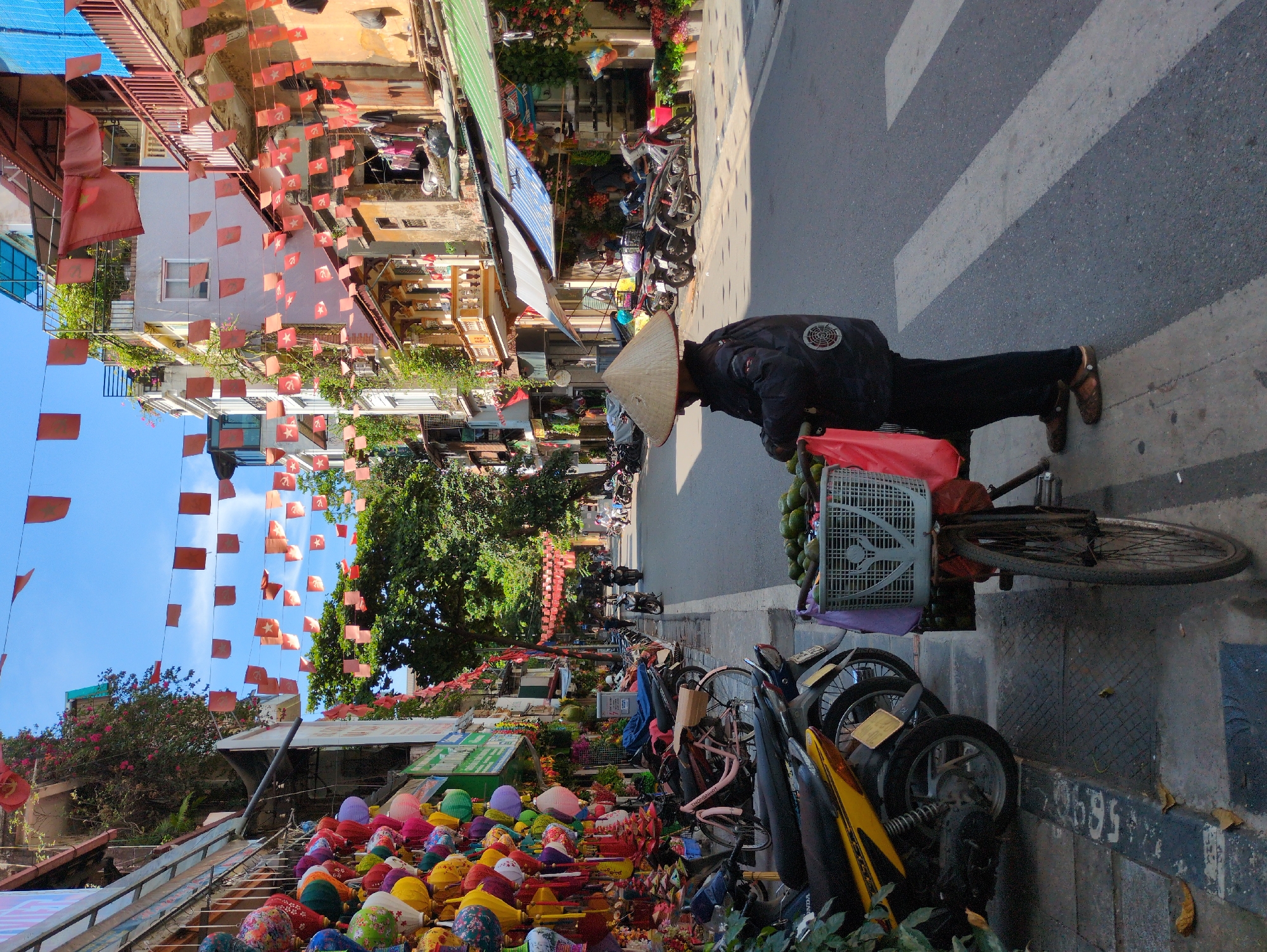 The image captures a street scene in Hanoi, Vietnam, likely during a festive period given the abundant red flags and lanterns adorning the buildings and street. In the foreground, a person wearing a traditional conical hat is pushing a bicycle loaded with produce in a white basket. The bicycle has a red plastic bag hanging from it. The person is dressed in dark clothing and brown sandals. The street is paved and features a pedestrian crossing. On the left side of the street, a shop displays numerous colorful lanterns and other decorative items. Motorcycles are parked along the sidewalk. Buildings lining the street are a mix of architectural styles, with balconies and awnings visible. Trees provide shade, and the sky is blue with some clouds. The overall atmosphere suggests a vibrant urban environment.