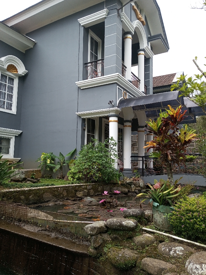 A gray two-story house with white trim features a balcony and arched portico supported by white columns with gold accents. A black awning covers the entrance. A small pond in the foreground contains lily pads and pink flowers. The garden includes various plants and rocks. The photograph captures the scene from a slightly low angle, emphasizing the height of the house and its architectural details.