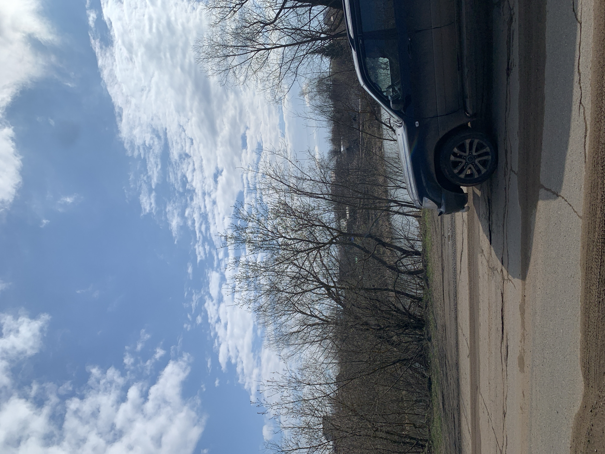 The image shows a cloudy sky, bare trees, a dark car, and cracked pavement. The photo appears to be taken in Фоки, Russia, based on the provided location. The car is partially visible on the right side of the frame, parked on a cracked road. A line of leafless trees runs along the left side. The sky is blue with white clouds. The scene suggests a time of year before trees have leafed out, possibly early spring or late autumn. There are no visible people or interactions.
