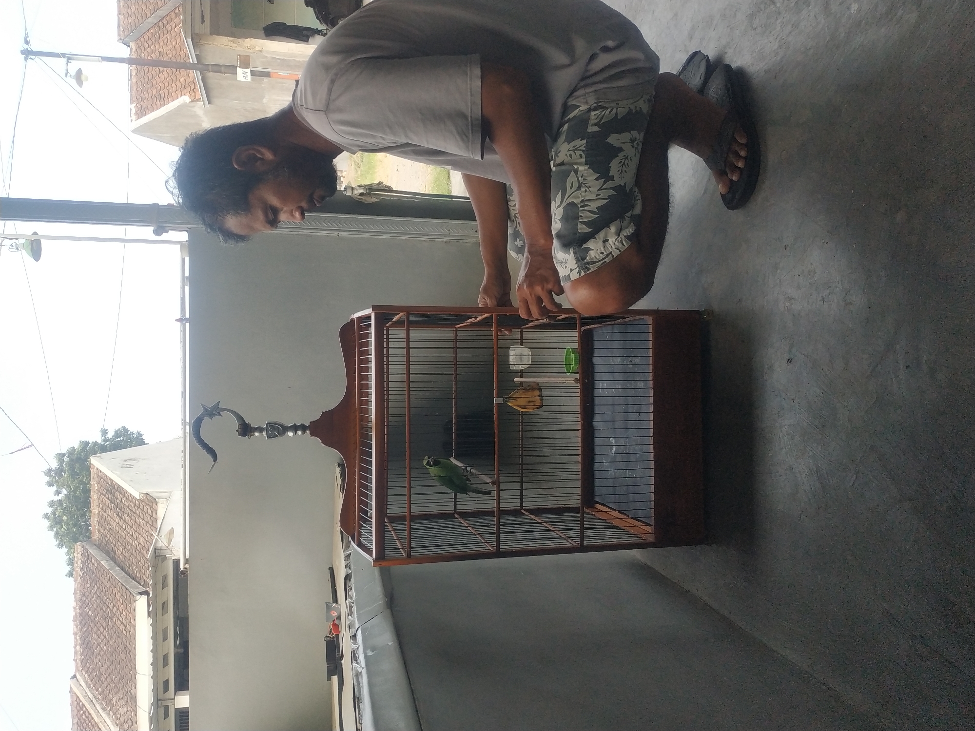 An adult male, appearing to be of Southeast Asian descent with dark hair and a beard, is captured in a crouched position on a concrete surface in Arjasa, Indonesia. He is wearing a light grey t-shirt and patterned shorts, along with dark flip-flops. His hands are engaged with a wooden birdcage, which contains a small green bird perched on a wooden dowel. The cage also has a yellow object hanging inside and two small green and clear containers. The background shows a building with a tiled roof and a concrete wall. The overall lighting suggests it is daytime.