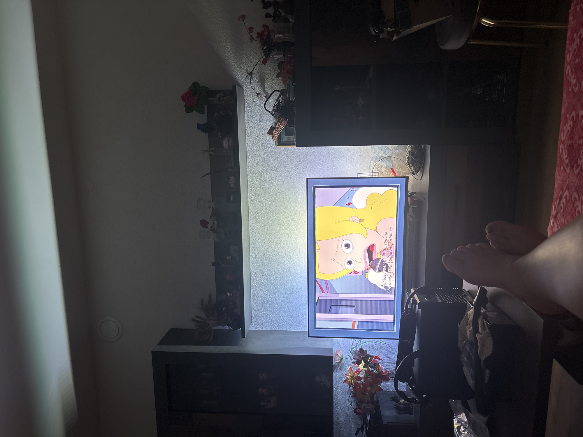 A dark, indoor scene with a television screen dominating the central view, displaying an animated cartoon character. The screen's illumination casts a glow on the wall behind it. To the left of the screen, a narrow shelf houses decorative items including artificial flowers and small figurines. Above the television, a darker structure rises, also decorated with plants.
To the right of the screen, a person's feet are visible, resting on a black object. The location is inferred to be a residence or similar indoor space, potentially in Kuklen, Bulgaria.