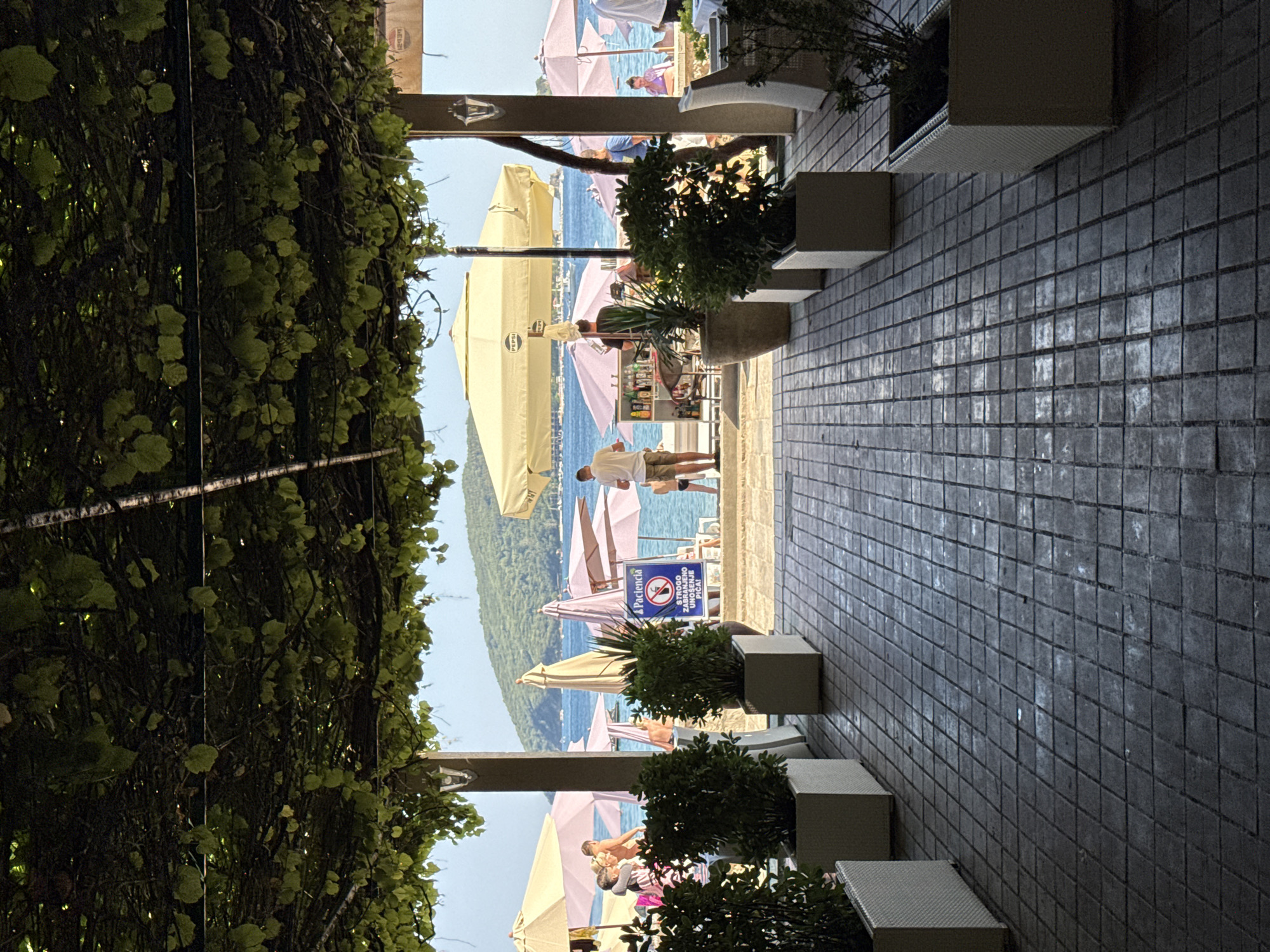 The image depicts a scene on a sunny day in Budva, Montenegro, likely near a beach or promenade. The viewpoint is from under a canopy of green vines, looking out towards the sea. The foreground is dominated by the lush greenery on the left and a tiled walkway with planters on the right.
In the mid-ground, a path leads towards the water, lined with numerous beach umbrellas, some pale yellow and others light pink. People are visible relaxing under these umbrellas and walking along the beach. There appears to be a small kiosk or bar set up near the umbrellas, with various items displayed. Two men are seen in this area, one walking and another standing.
Further in the distance, the blue sea stretches out, with a forested hillside forming the backdrop. The sky is clear and bright, suggesting pleasant weather. One notable detail is a blue and white sign with text and an icon, possibly a warning or informational sign for the area. The overall atmosphere is relaxed and leisurely, indicative of a holiday or vacation setting. The time of day appears to be midday or early afternoon, given the bright sunlight and shadows. The presence of beach umbrellas and people in casual attire strongly suggests a warm, summer day.