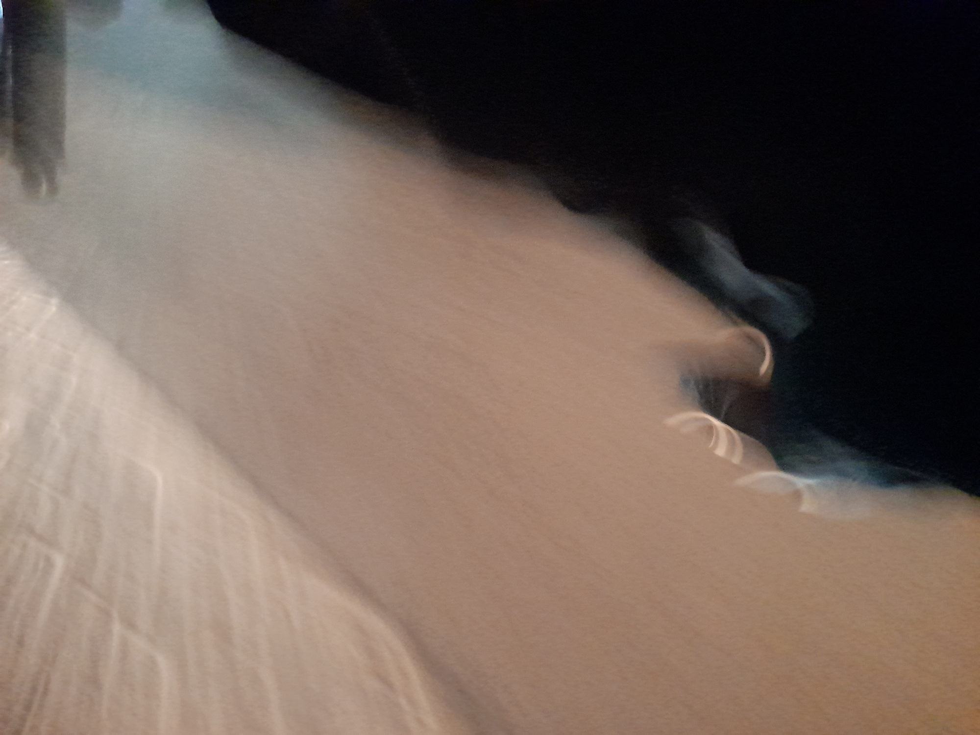 The image is an abstract, blurry photograph that appears to be taken at night or in low light conditions. The dominant colors are muted beiges, grays, and black. There are streaks of light, possibly from artificial illumination, that create curved, abstract patterns across the image.
The composition is diagonal, with a lighter area on the upper left, transitioning to a darker area on the lower right. The texture of the lighter area is somewhat granular and appears to have a subtle pattern, perhaps suggesting a fabric or a textured surface. The dark area is solid and opaque, with no discernible details.
The overall impression is one of motion blur and a lack of clear subject matter. It is impossible to determine the specific location in the city of Kalongan, Indonesia, or any specific details about people, subjects, objects, actions, interactions, or the environment from this abstract image.