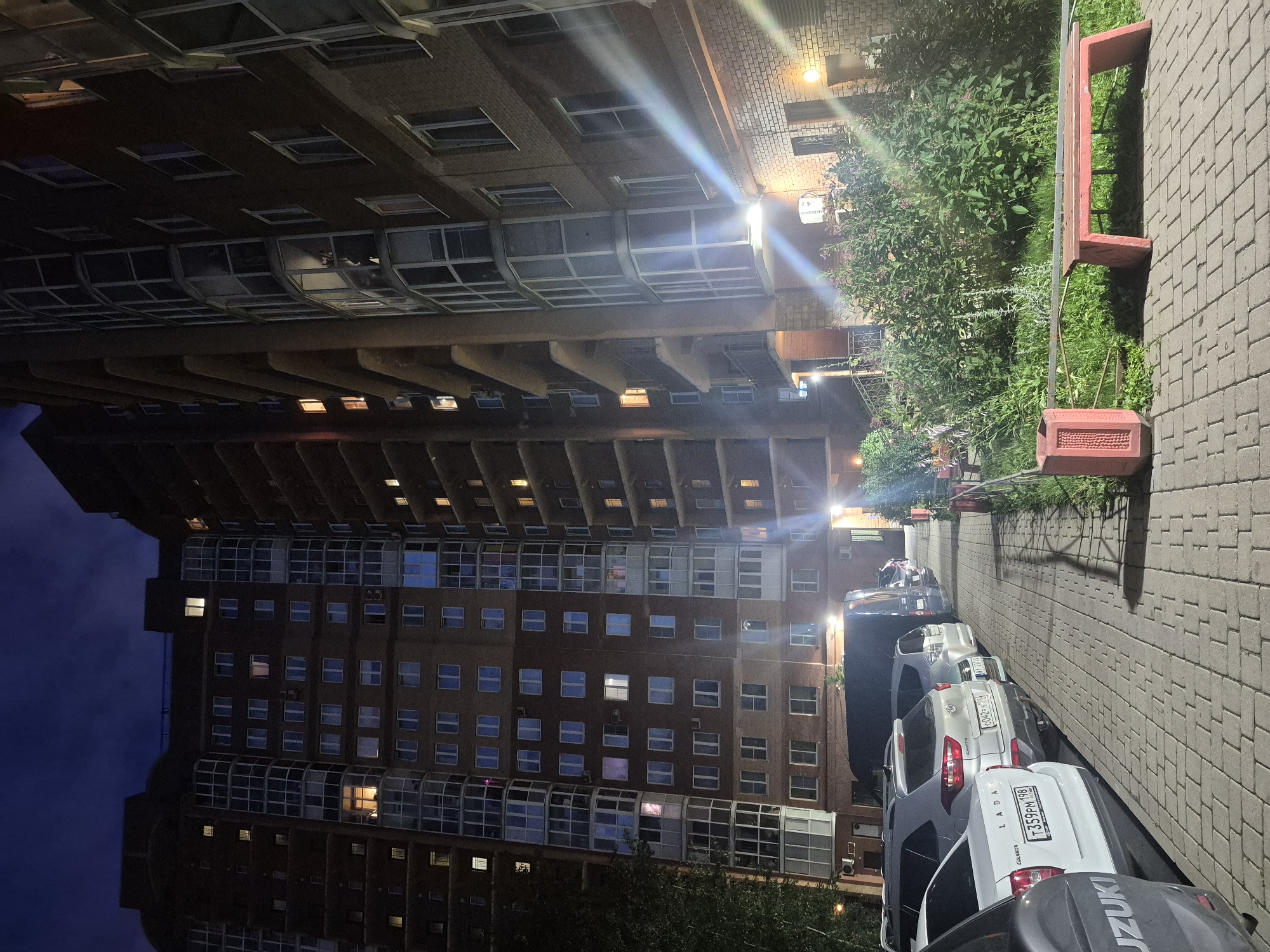 In Saint Petersburg, Russia, at night, a multi-story brick residential building with numerous lit windows stands adjacent to a sidewalk lined with parked cars and dense green bushes. A red trash receptacle and a red wooden bench are situated on the sidewalk. The sky is dark with some clouds.