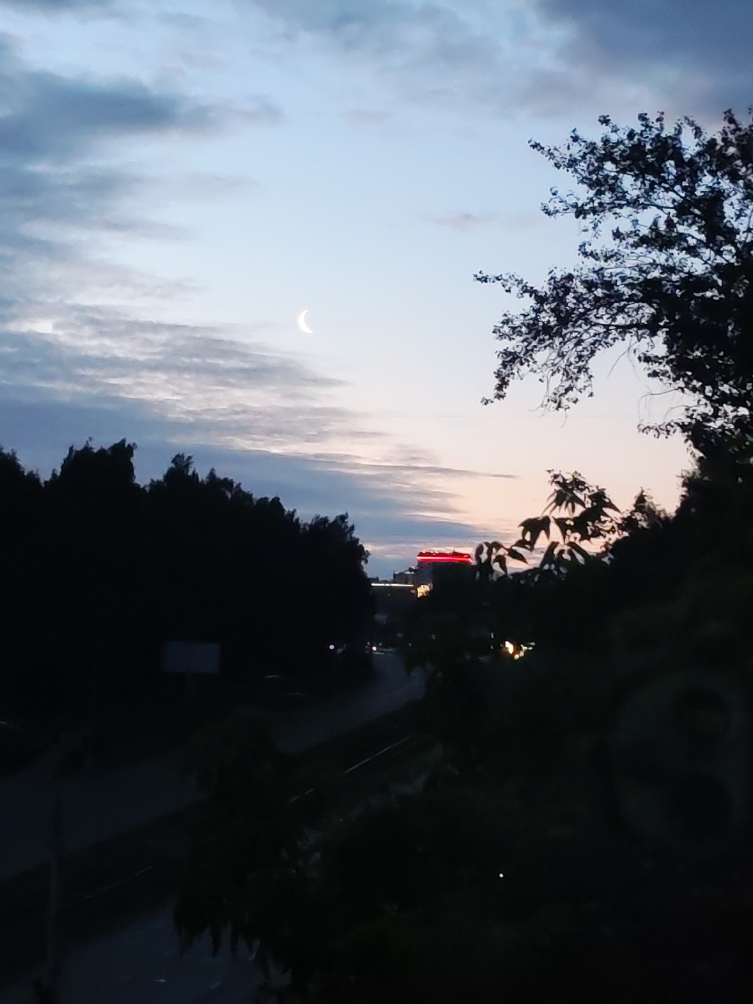 The image depicts a twilight scene in Izhevsk, Russia, captured from an elevated vantage point overlooking a road and silhouetted trees. The sky displays a gradient of pale blue and soft pink hues, with a thin crescent moon visible towards the upper center. Wispy clouds are scattered across the sky.
In the foreground, the dark silhouettes of dense foliage and tree branches frame the view. The middle ground reveals a road with faint streetlights and the outlines of buildings in the distance. One building features a prominent band of bright red lights. The overall impression is of a quiet urban landscape transitioning from day to night. No people are visible in the image.