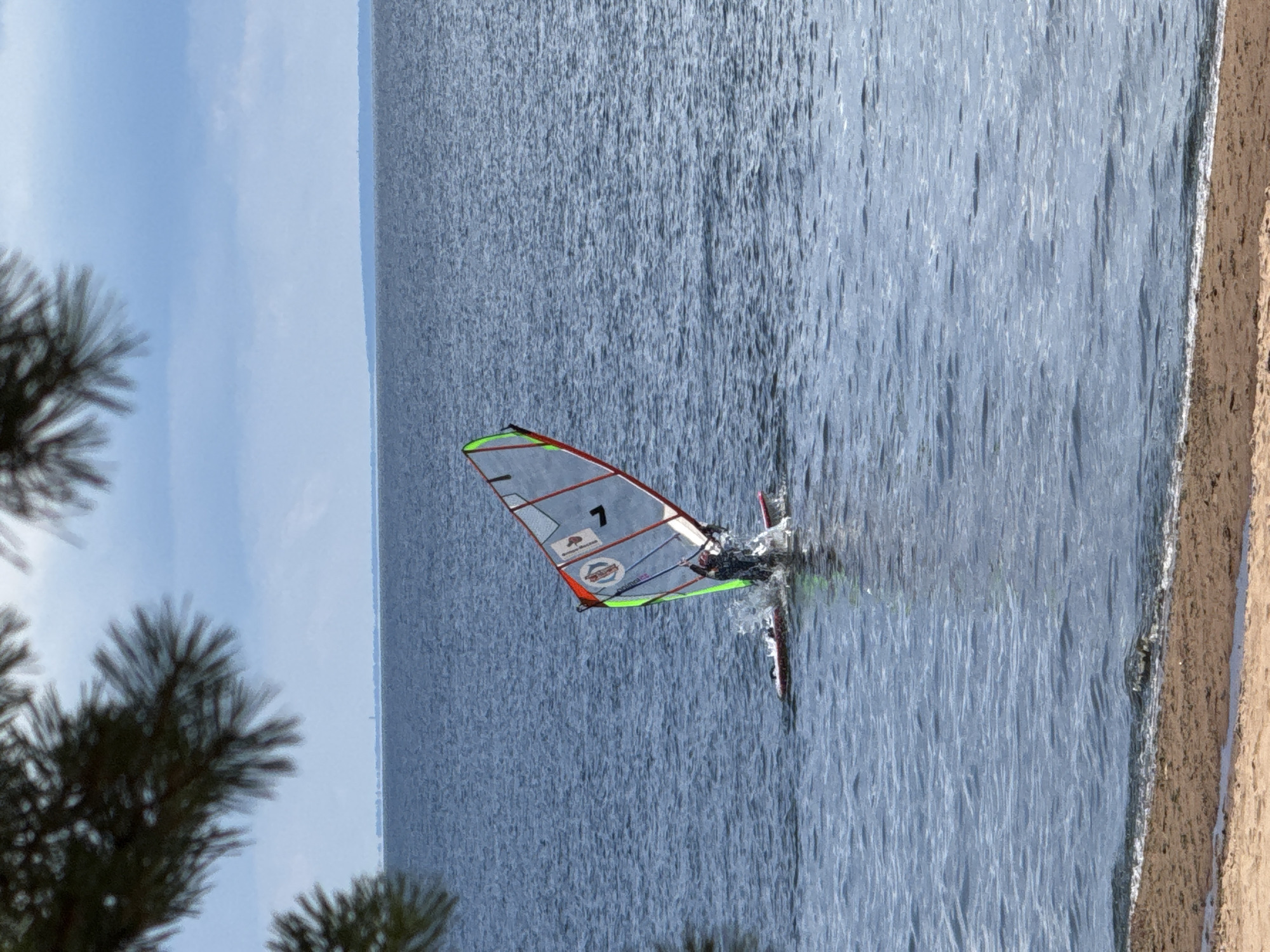This media file captures a windsurfer in action on a body of water, likely a lake or bay, near Zelenaya Roshcha, Russia. The scene is set under a bright, partly cloudy sky, suggesting it's daytime. The water surface is textured with ripples and small waves, indicating a breezy condition suitable for windsurfing. The foreground features blurred evergreen tree branches, hinting at a forested or park-like environment surrounding the water. On the right side of the image, a sandy shore is visible, further defining the location as a waterfront.
The primary subject is a windsurfer, whose figure is partially obscured by their sail. The windsurfer is actively engaged in the sport, with their sail catching the wind and creating splashes in the water as they maneuver. The sail itself is colorful, predominantly gray with red and green accents. A prominent number "7" is visible on the sail, along with some logos. One of the logos appears to be a circular emblem with imagery that may represent a sports club or event. Another visible logo is an oval shape with text that is difficult to discern clearly.
The overall mood conveyed is one of activity and outdoor recreation. The lighting suggests it's a pleasant day for water sports. The perspective places the viewer slightly above and to the side of the windsurfer, looking across the water towards the shore. The water is a deep blue-gray, reflecting the sky.