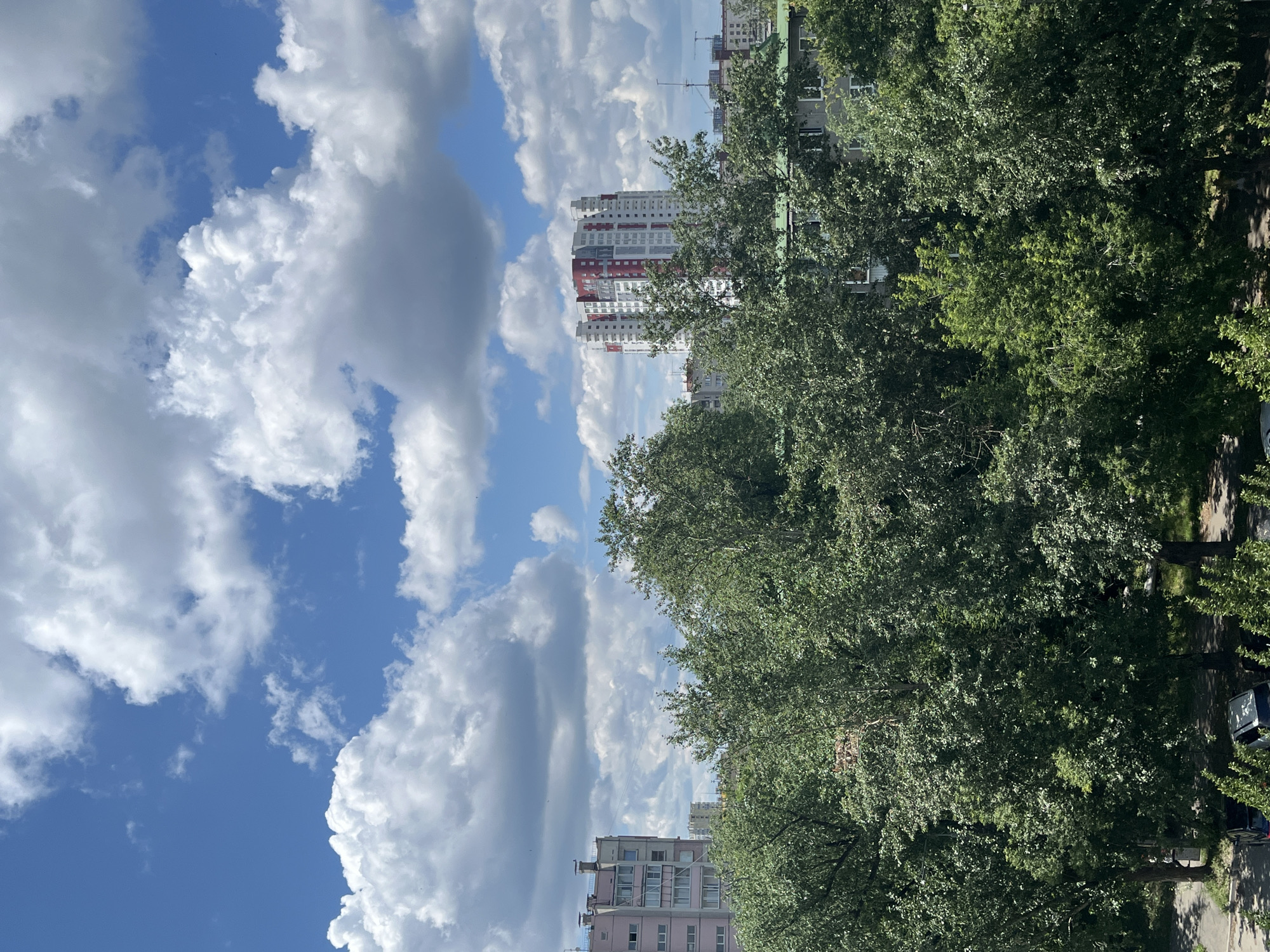 The image depicts a view of a residential area, likely in Chelyabinsk, Russia. The scene is dominated by a lush canopy of green trees in the foreground, obscuring part of the view of buildings behind them. In the mid-ground, several multi-story buildings are visible. One building stands out with its red and white facade, featuring multiple windows and visible balconies. Further back, other buildings of varying heights and architectural styles are present, some with visible antennas. Above the buildings, a bright blue sky is filled with large, fluffy white clouds, suggesting fair weather. The sunlight indicates it is daytime, likely mid-morning or afternoon, given the brightness and the shadows cast by the trees. The overall impression is one of an urban environment integrated with nature. There is no discernible activity or event taking place; the image appears to be a static snapshot of the surroundings. No text is visible in the image.